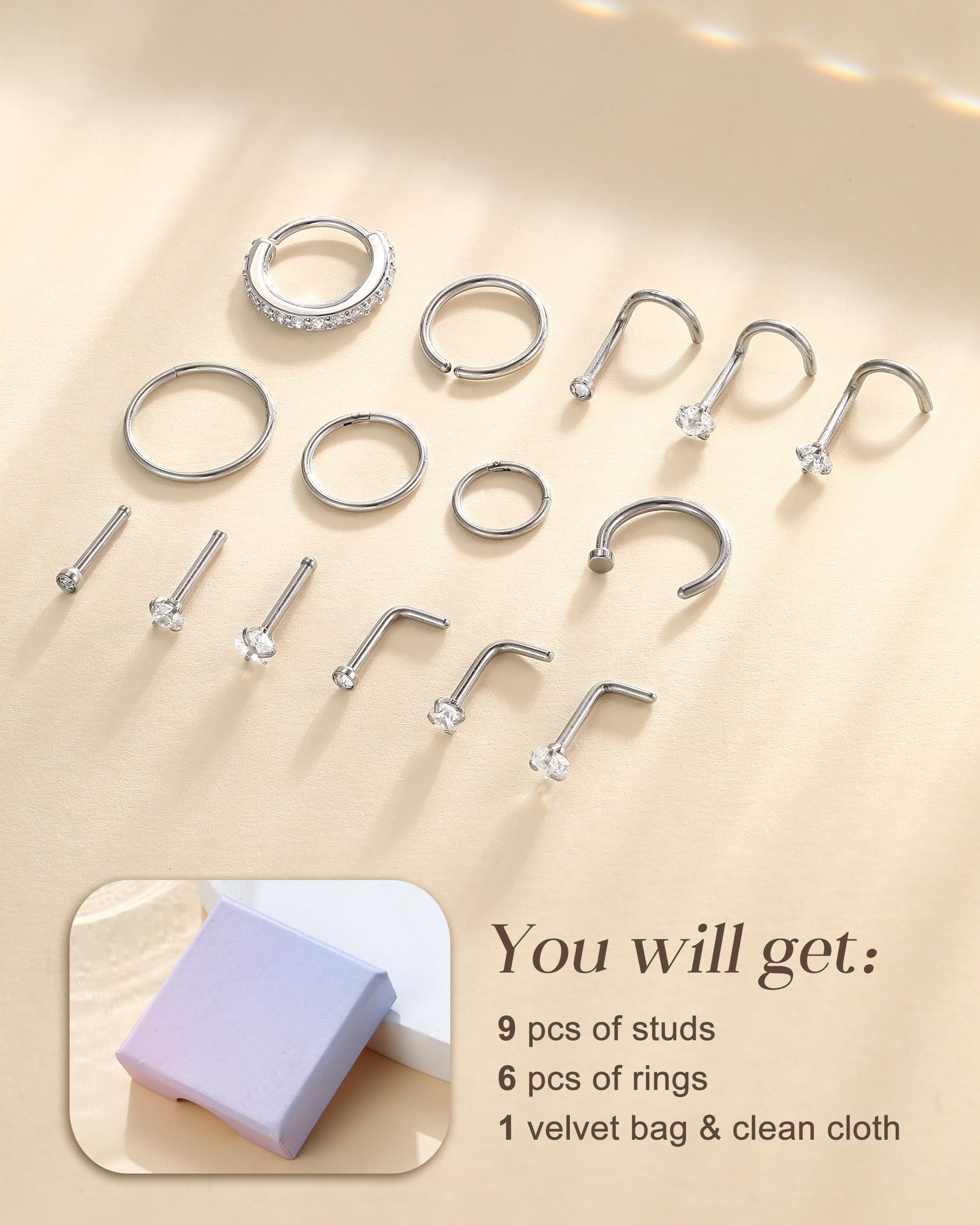 YADOCA 15 Piezas Piercing Nariz Acero Quirúrgico Hipoalergénico Anillos de Nariz Plata Oro Joyería Nostril