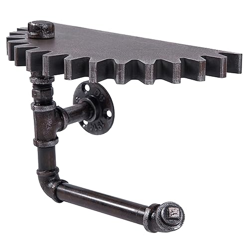 MyGift 1pcs Wall Mounted Black Patina Metal Floating Shelf with Industrial Metal Pipe Wall Bracket, Toilet Paper Holder Stand,Hanging Shelf Rack with Steampunk Gear Design - Black