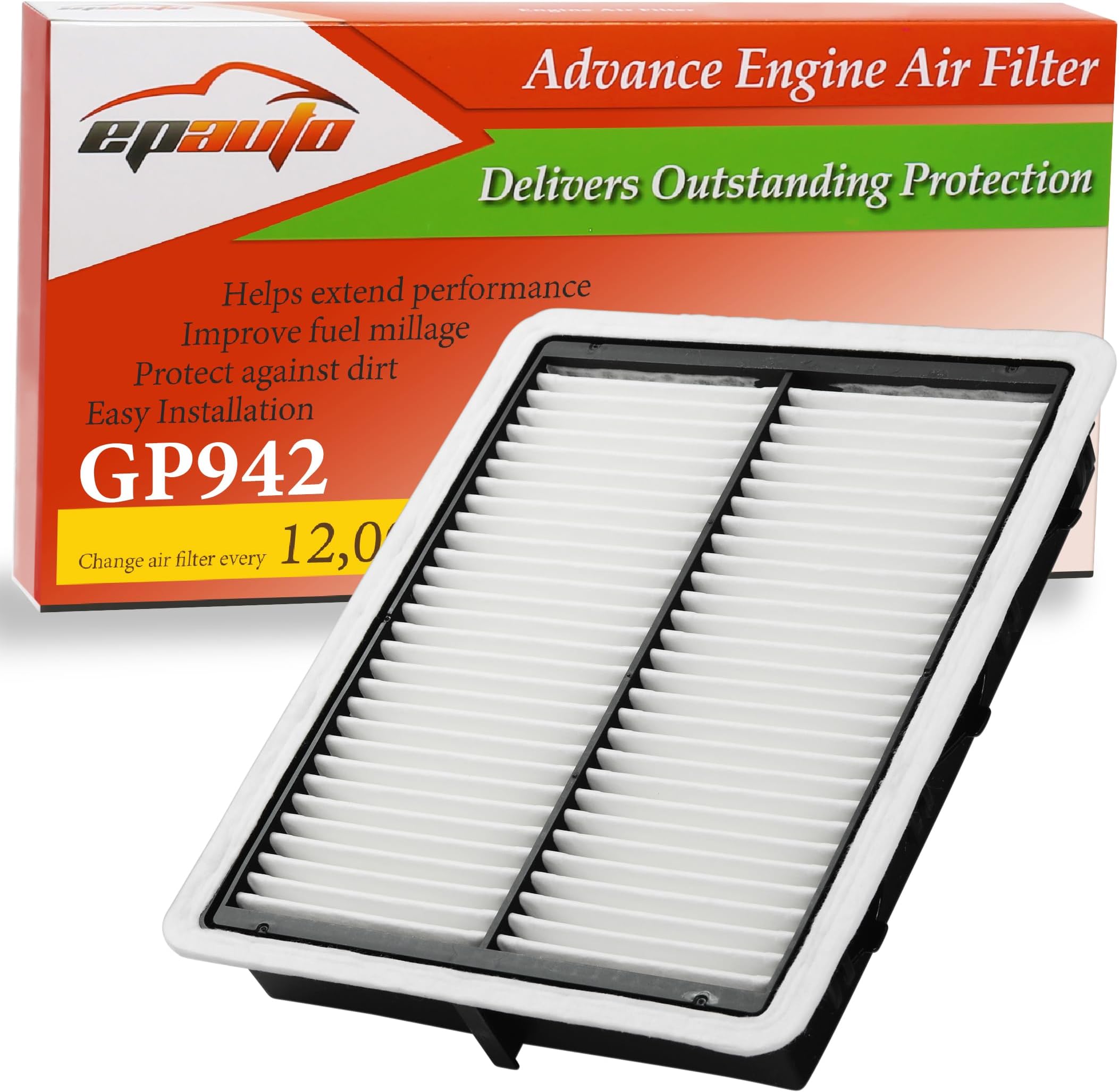 EPAuto GP942 (CA11942) Engine Air Filter Replacement for Hyundai Sonata 2.0L Hybrid (2016-2019),Sonata 2.4L Gas(2015-2019),Kia Optima 2.0L Hybrid(2017-2020),2.4L Gas(2016-2020),Sportage Gas(2017-2022)