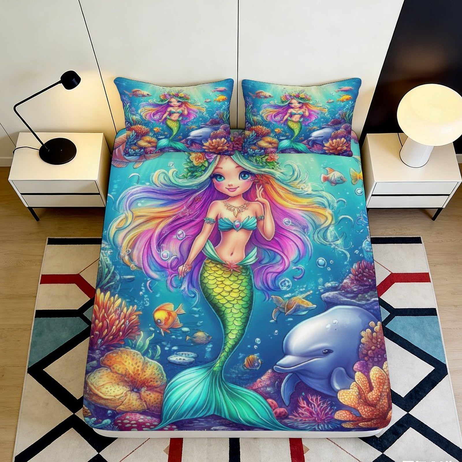 3D Printed Mermaid Ocean Fitted Sheet Microfiber Soft Colourful Sea Life Mattress Cover Bedroom Dorm Decor 160x200x25cm