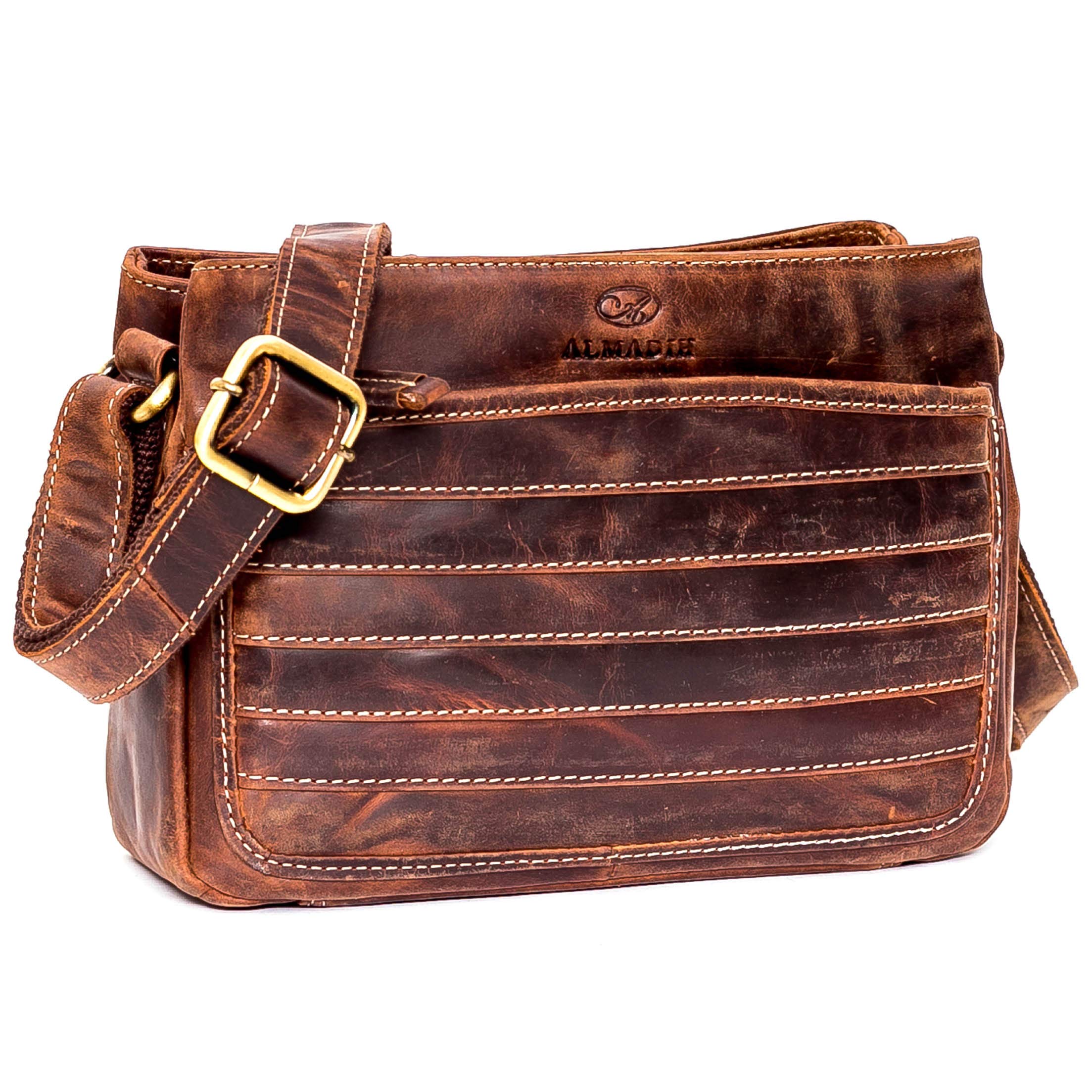 ALMADIH kompakte Ledertasche Damen Umhängetasche mit 2 Hauptfächer AYA BV- kleine Damentasche Clutch Handtasche Schultertasche Freizeittasche Abendtasche Citytasche Tasche braun (AYA vintage)