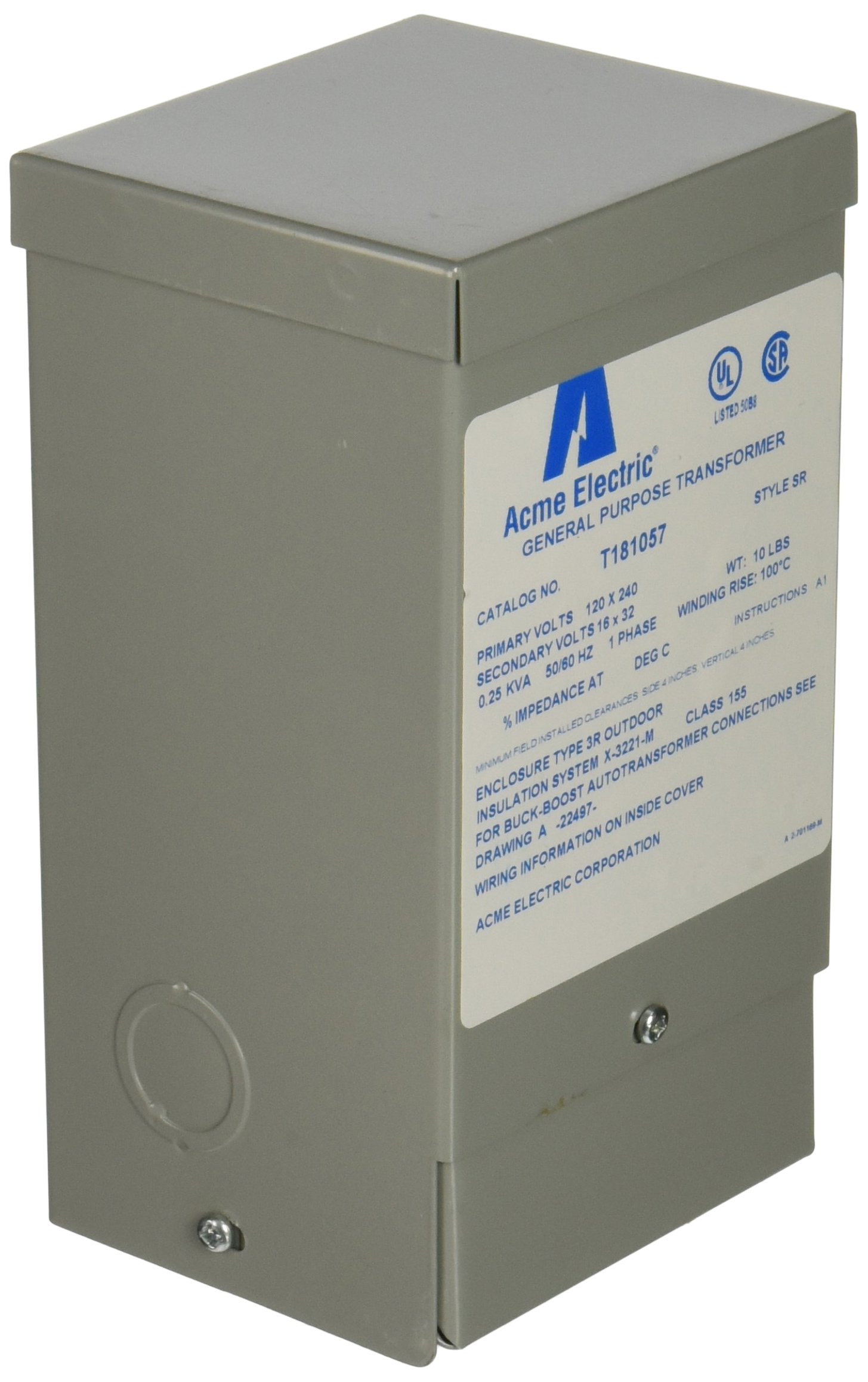 Acme Electric T181057 Buck-Boost Transformer, 1 Phase, 60 Hz, 0.25 kVA, 120V x 240V Primary Volts, 16V/32V Secondary Volts