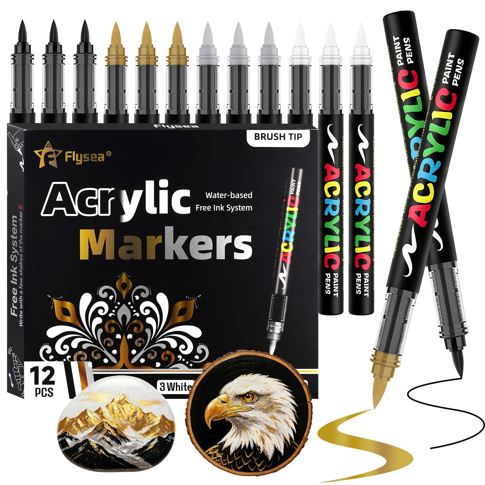 Gelanty Direct Liquid Acrylic Paint Pens, White, Black, Gold and Silver Paint Markers with Flexible Brush Tip, Acrylic Pens, Colouring Pens Drawing Marker Pens for Rock Painting, Ceramic, Wood（12PCS