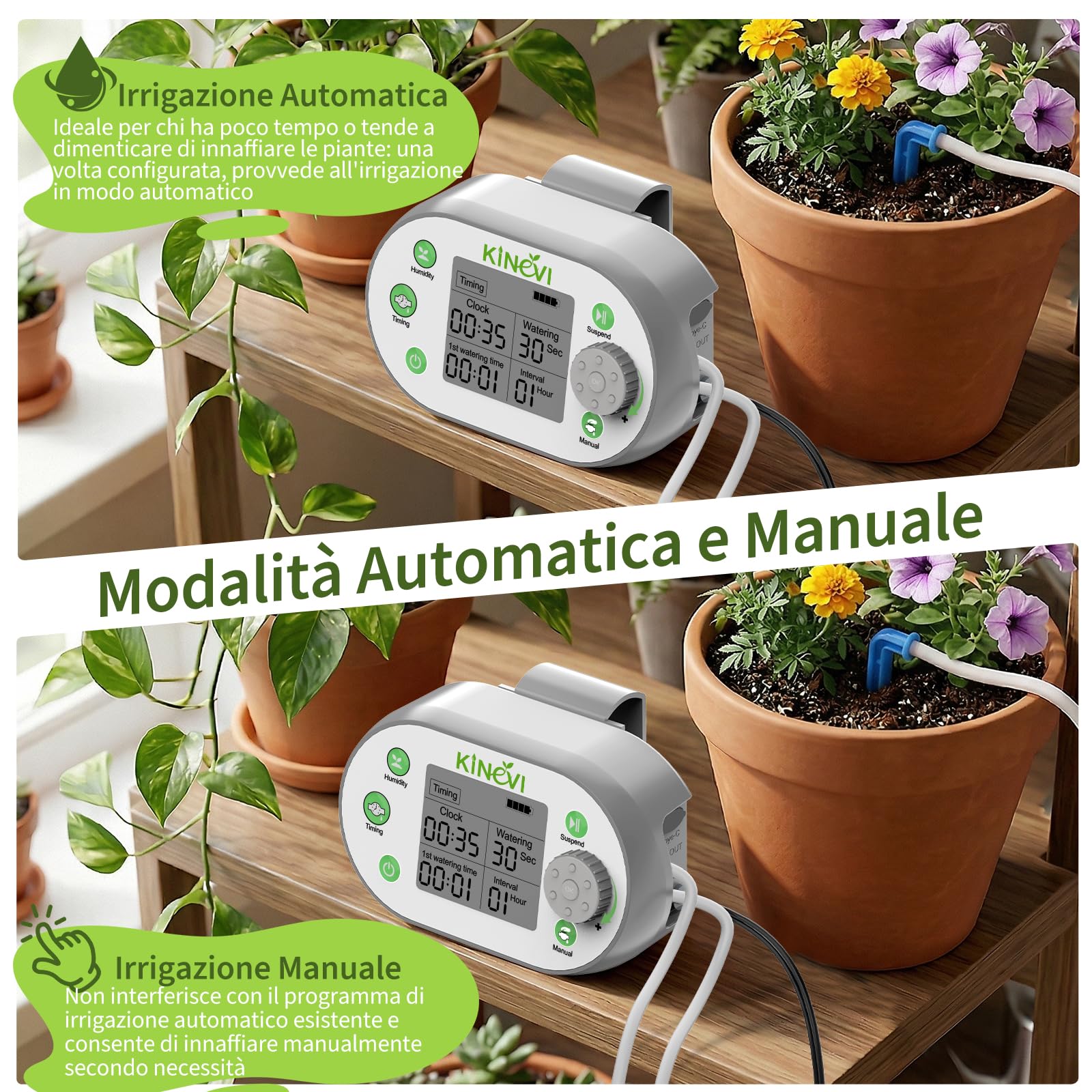 Irrigatore automatico per piante interne, fornisce supporto per 15 piante in vaso interne, con modalità di rilevamento dell'umidità, sistema di irrigazione a goccia, adatto per balconi