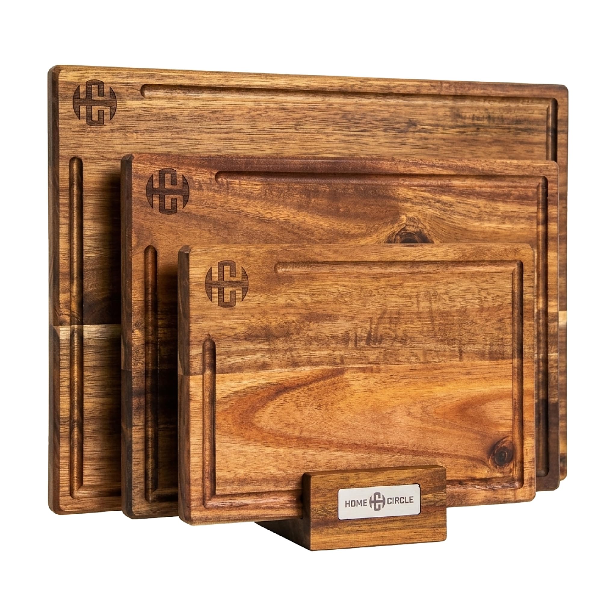 Schneidebrett Set 3-teilig aus massivem Akazienholz, 2 cm dick, 40 x 30/33 x 24/26 x 18 cm, mit Halter, Saftrille und Bienenwachs-Veredelung