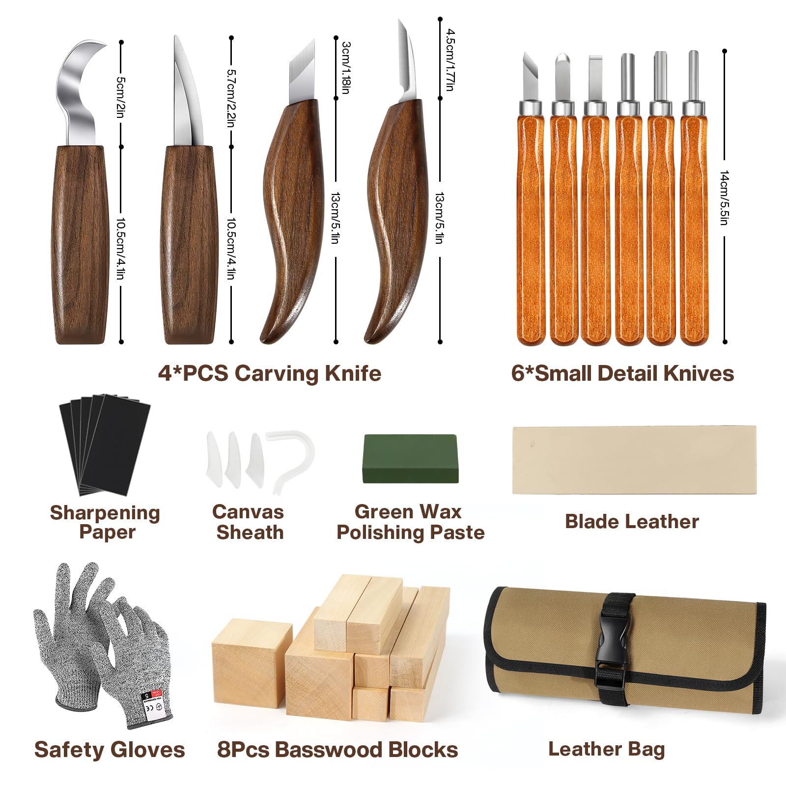 32 Pcs Herramientas para Tallar Madera, Tallar Madera con Estuche de Cuero, Cuchillos de Carpintería con Bloques de Tilo, Regalo para Adultos,Principiantes y Aficionados al Bricolaje