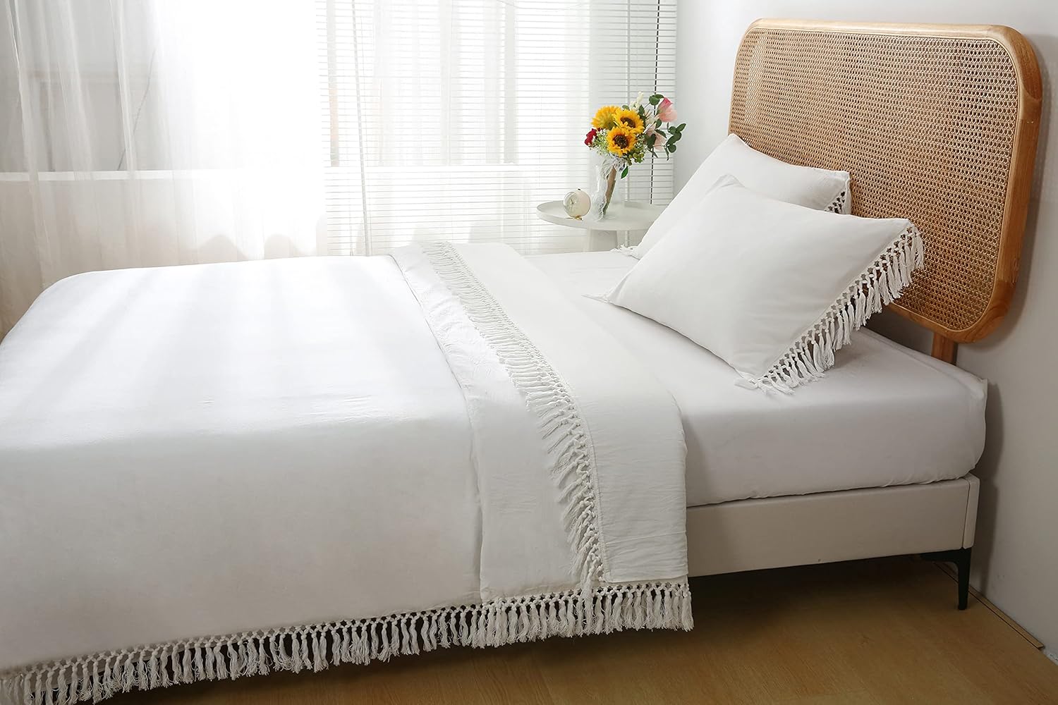 Ivory Tassels Top Sheet King Size 1 PC and Queen Size Pillow Shams 2PCS 100% Cotton