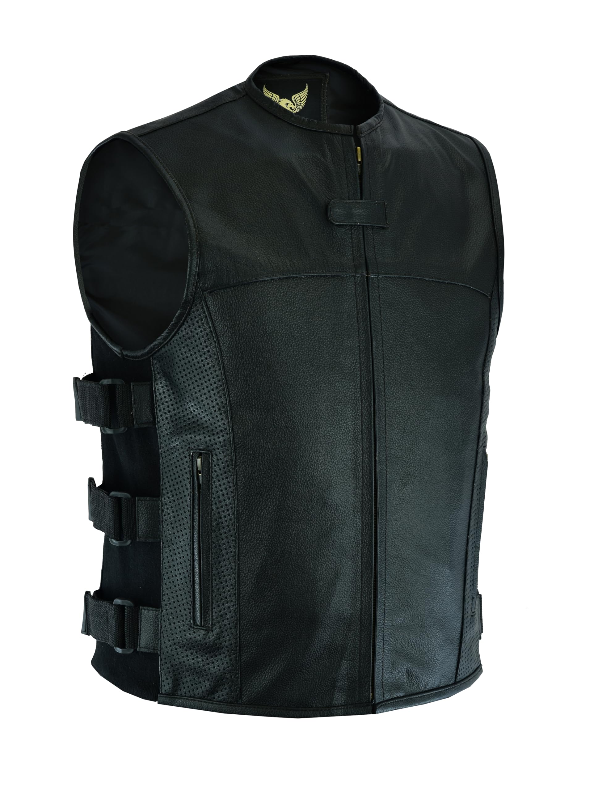 Leatherick Warrior - Gilet tattico in pelle da uomo, con tasche per pistola e punture sulle alette tascabili