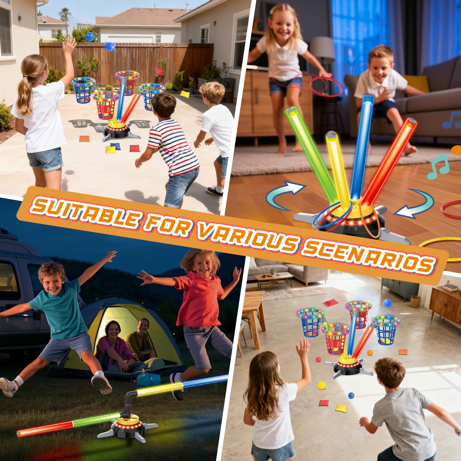 VATOS 3-in-1 Bohnensack- & Ringwurf-Spiel, Musikalische Sprünge für Kinder, Elektrische Drehbasis mit Fernbedienung, Lichter, 12 Sandsäcke, 12 Wurfringe, 12 Bälle, Indoor-Outdoor-Gartenspielzeug