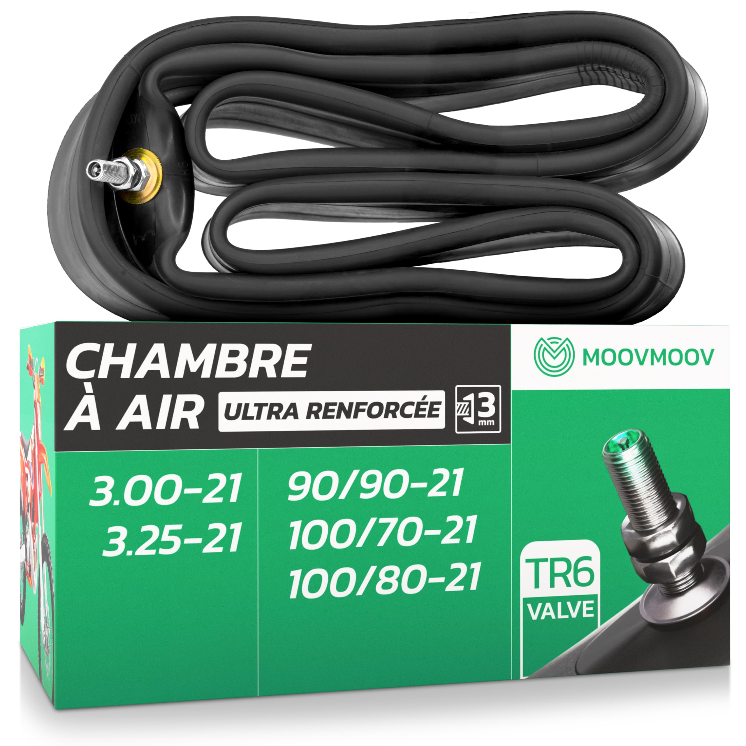 MoovMoov Chambre à Air Moto 21 Pouces pour Pneus 90/90-21, 100/70-21, 100/80-21 et 3.00-21 - Roue Avant - Trail, Adventure, Enduro, Motocross, Dual Sport - Version Standard/Pro Renforcée