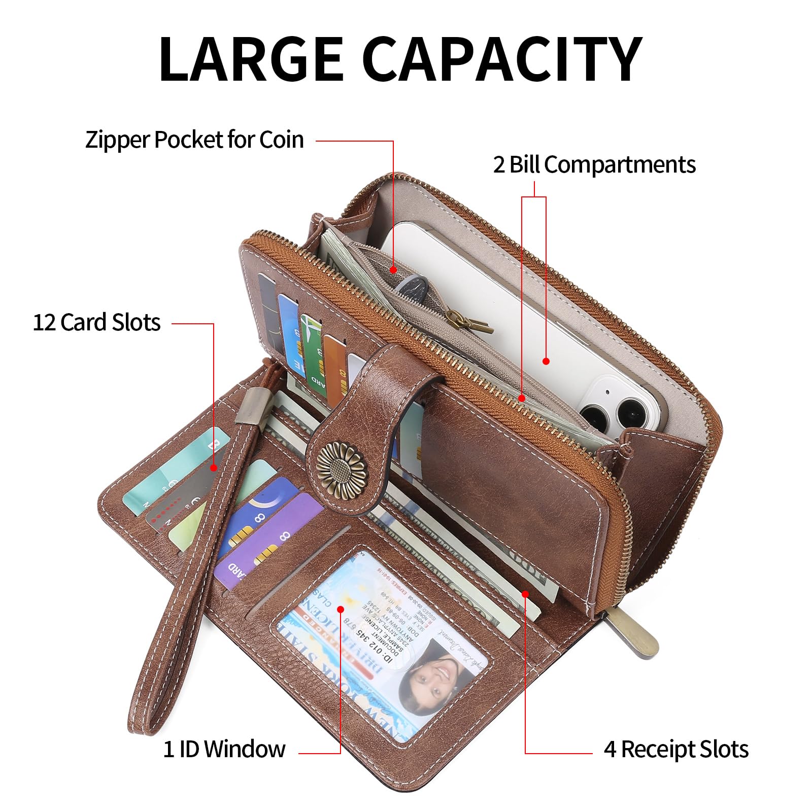 SENDEFN Portafoglio Donna Grande, Portafogli con Blocco RFID Elegante Grande Capacità Portamonete Donna in Pelle con 12 Scomparti per Carte