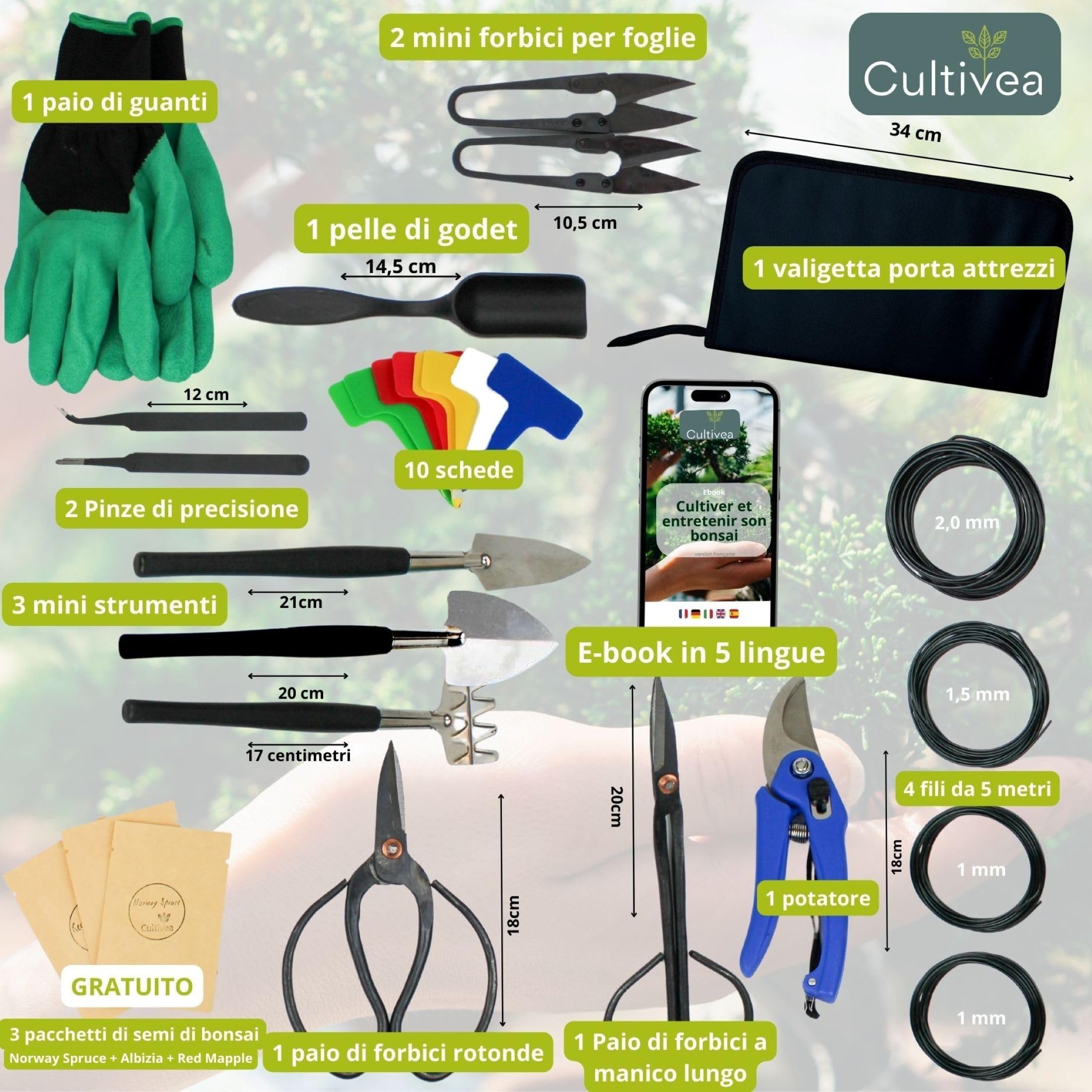Cultivea® Set di 32 Attrezzi Completi per Bonsai - Attrezzi in Acciaio - Giardino - Cesoie per Bonsai e Cura delle Piante - Forbici - Pinze - Potatura Bonsai - Filo di Alluminio