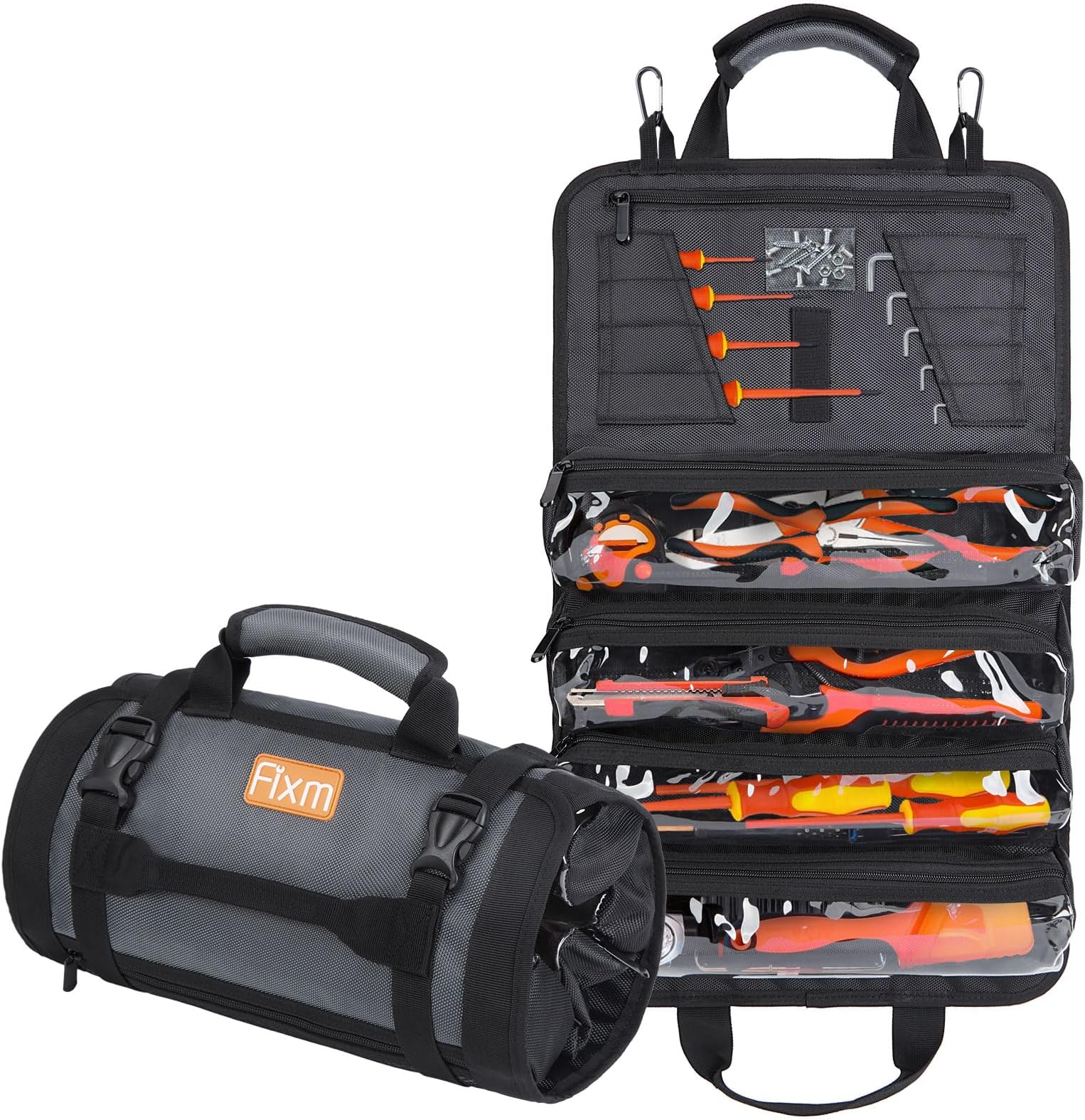 Fixm Professional Roll Up Tool Bag with 5 Zipper Pockets(2 Detachable), Tool Roll Bag with Magnetic Zone for Small accessories, Portable Rolling Bag Tool Organizer Ideal for Mechanic & Electrician