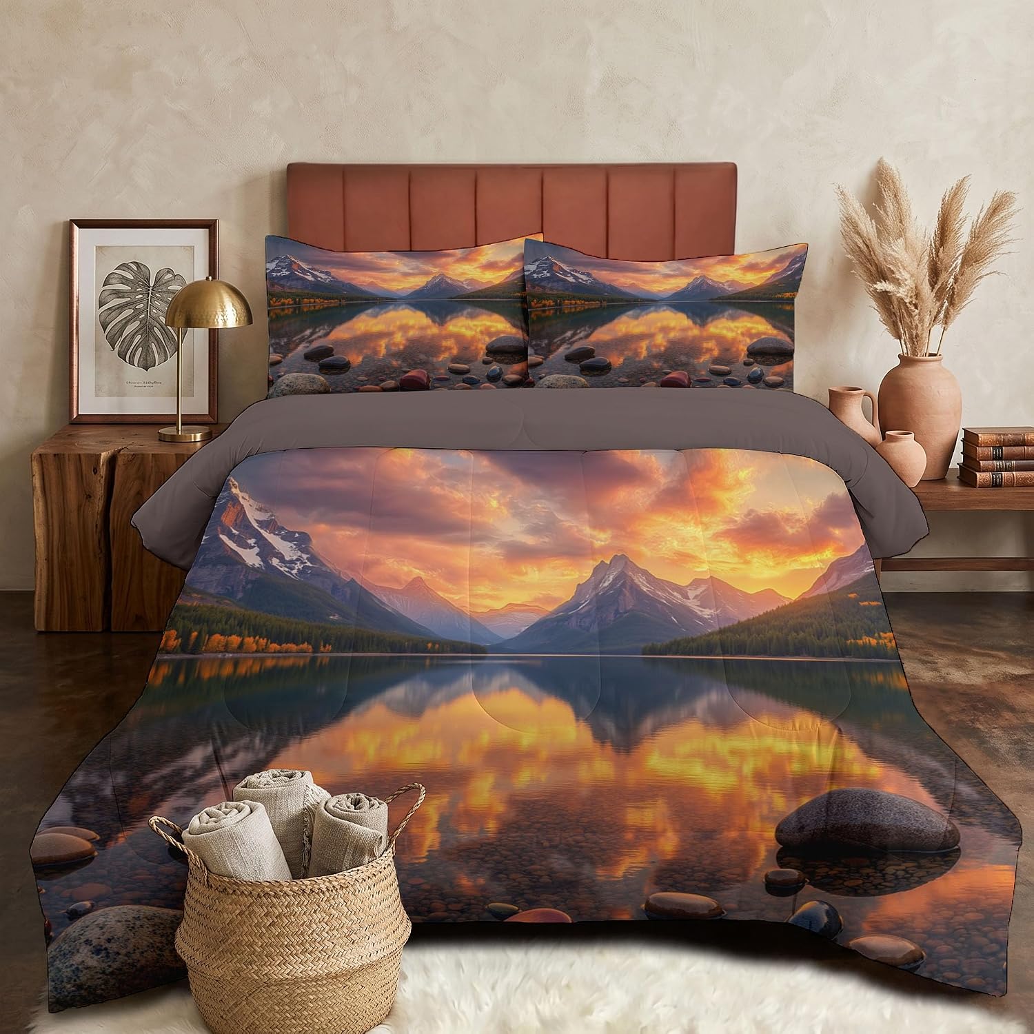 Natural Outdoor Beauty Comforter Set King Size, Sky Valley Lake Bedding Set for Girls Boys, Orange-Red Quilt Bed 104"X90" Bedding Comforter Sets with 2 Pillowcase Room Decor
