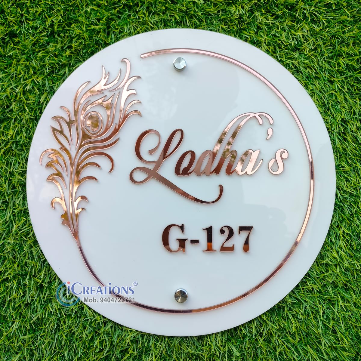 iCreations® Round Shape Name Plate for Door Entrance White and Rose Gold Combination with Peacock feather design (12 inch diameter)-image-25