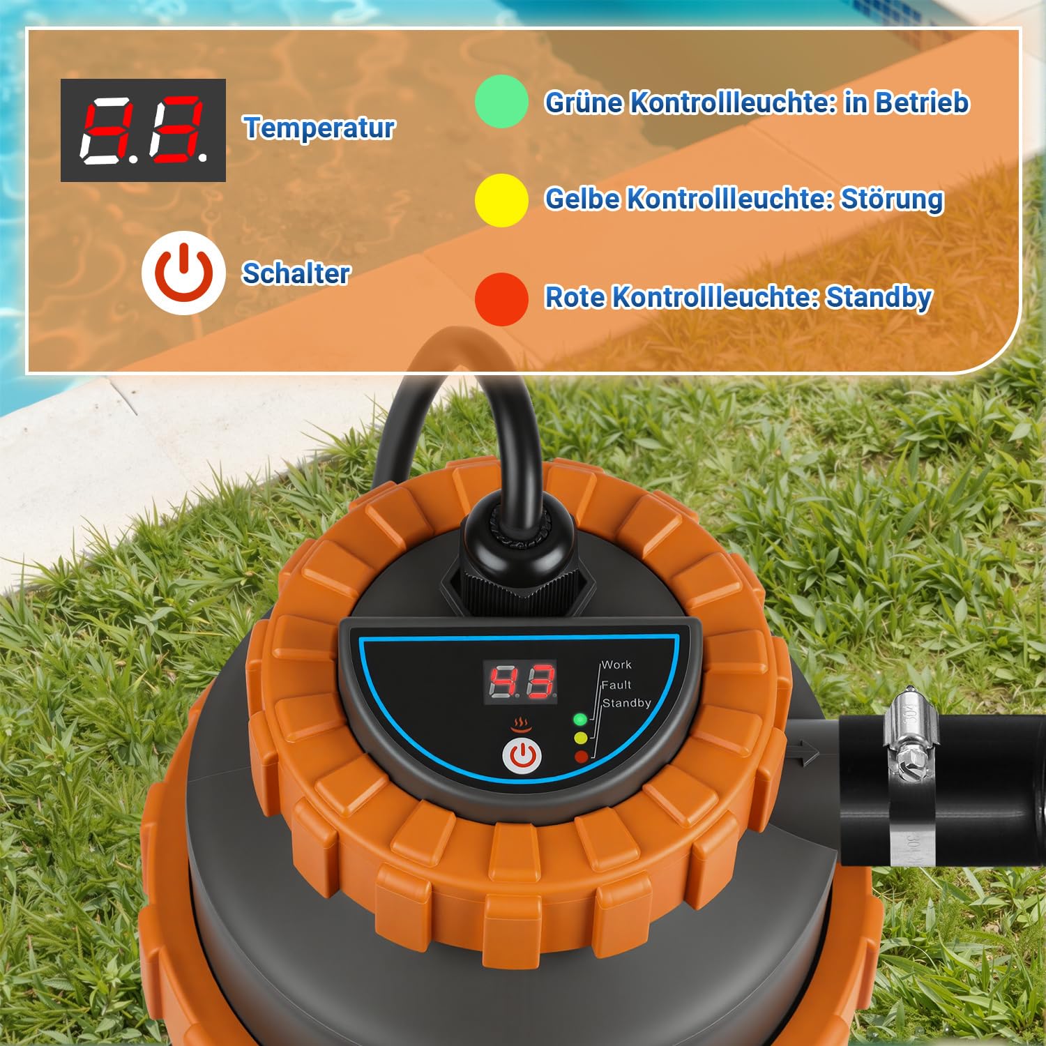 Calefacción para piscina de agua caliente, diámetro de 17 x 42 cm, con pantalla digital y conservación automática del calor, conexión de 32 a 38 mm