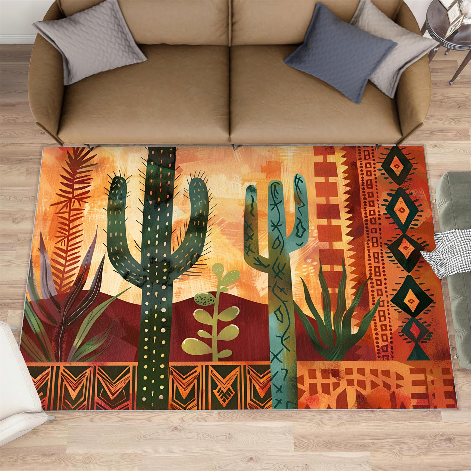 Tapis western pour salon, chambre à coucher, motif cactus aztèque, intérieur lavable, antidérapant et à poils courts - 150 x 180 cm