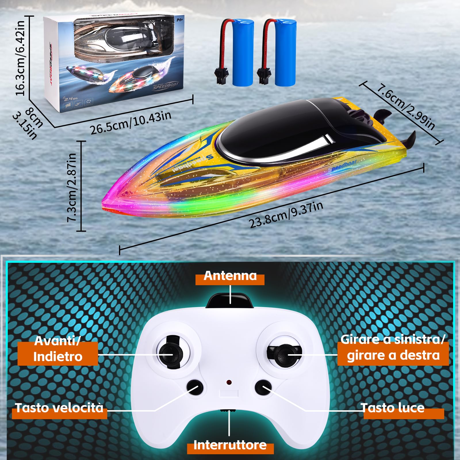 YOOHBERRYS Barca RC con Luce LED, Impermeabile Barca Radiocomandata per Bambini e Adulti, Motoscafo Telecomandato Veloce per Piscine e Laghi