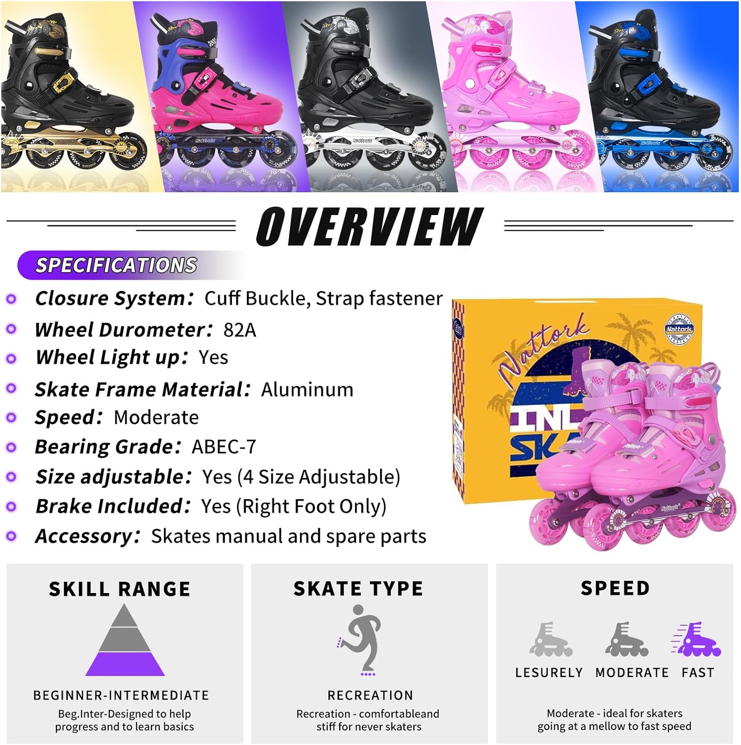 Nattork Kids Inline Skates Adjustable Light up Wheels Blades Roller for Boys Girls- TeenYouth Age 6-12 - Cool Racing Car Decorations Indoor Outdoor Birthday Gift for Son and Grandson