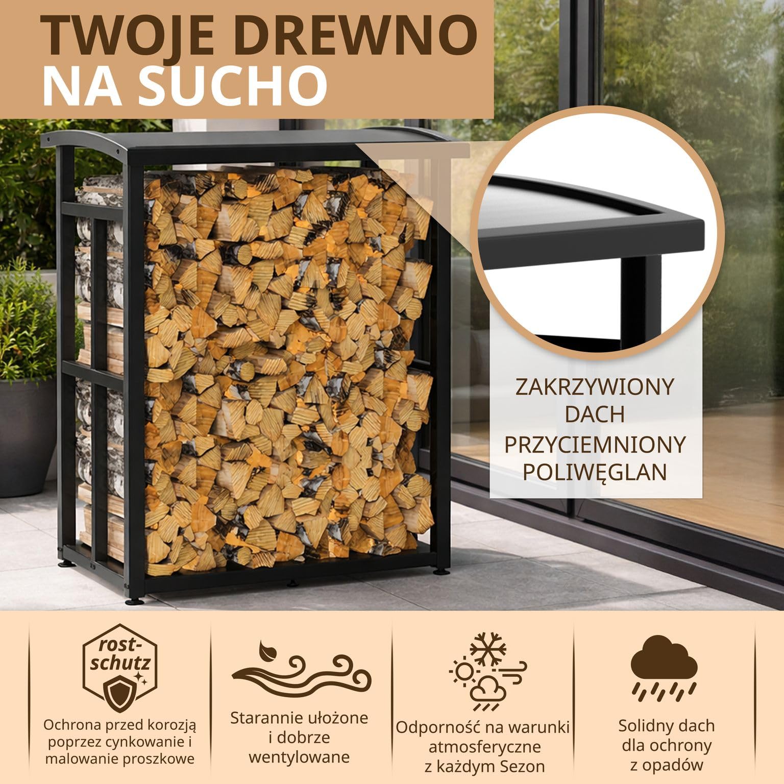 Stojak na drewno opałowe z daszkiem 91 x 56 x 117 cm metalowy regał na drewno kominkowe na zewnątrz na taras i balkon czarny na 2x 25 cm drewna opałowego