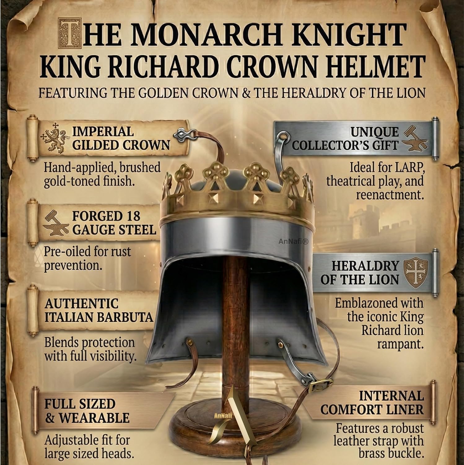 AnNafi® Medieval King Richard Lionheart Two-Tone Crown Helmet | Knight Armor Replica for Reenactment, Cosplay, SCA, LARP | Silver Adult Display Helm