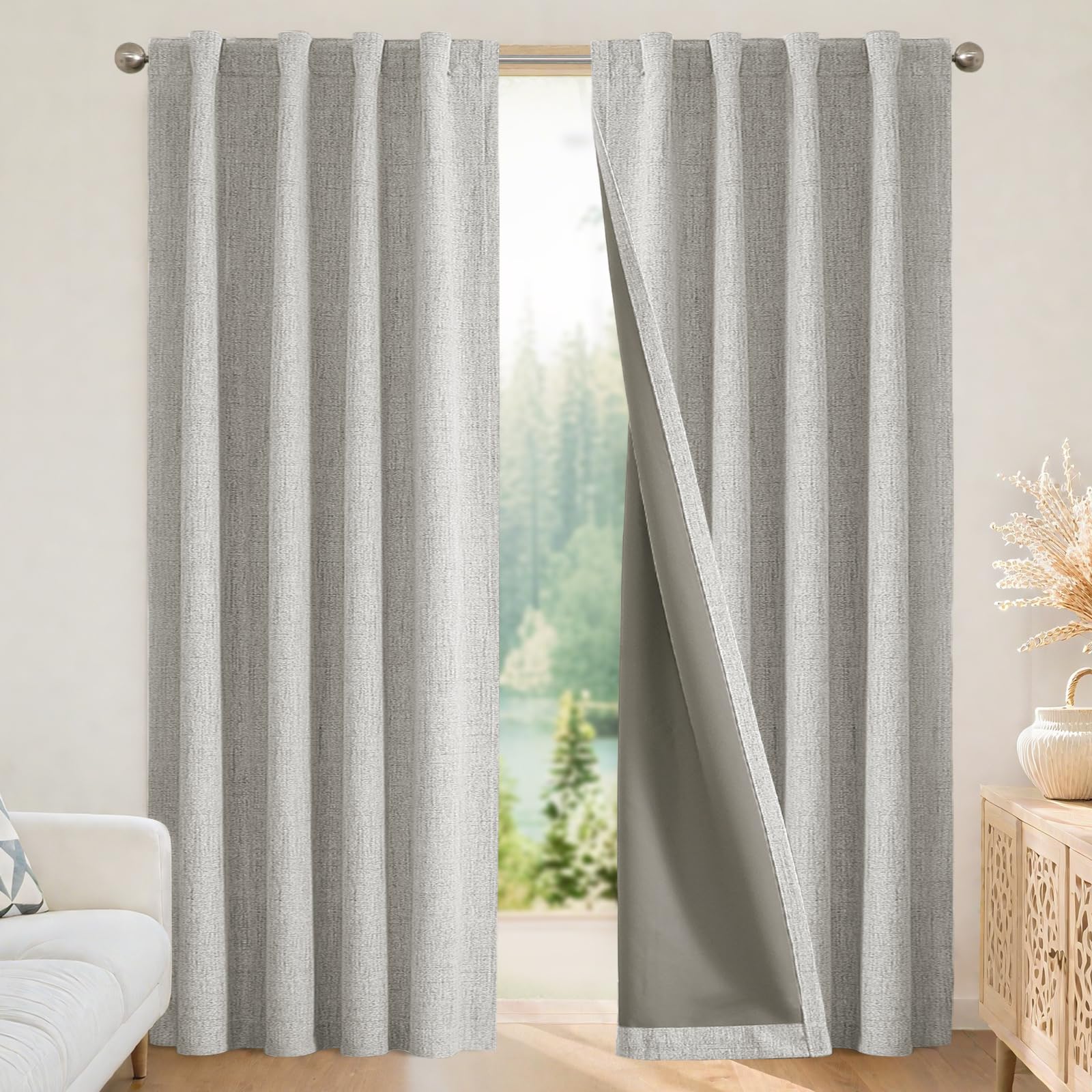 Joydeco 100% Blickdichte Vorhänge mit Schlaufen Verdeckten Leinenoptik, Verdunkelungsvorhang Stangendurchzug Gardinen Thermovorhang Leinen Hitzeschutz für Wohnzimmer