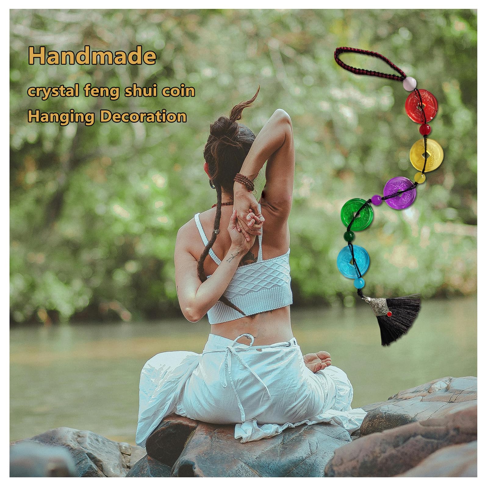 2PCS Feng Shui Coin Tassels, Crystal Coin with Chinese Knot String,Combining Traditional Chinese Knot with Modern Crystal Energy ? Wealth, Good Luck, and Success -Five-Color Coin