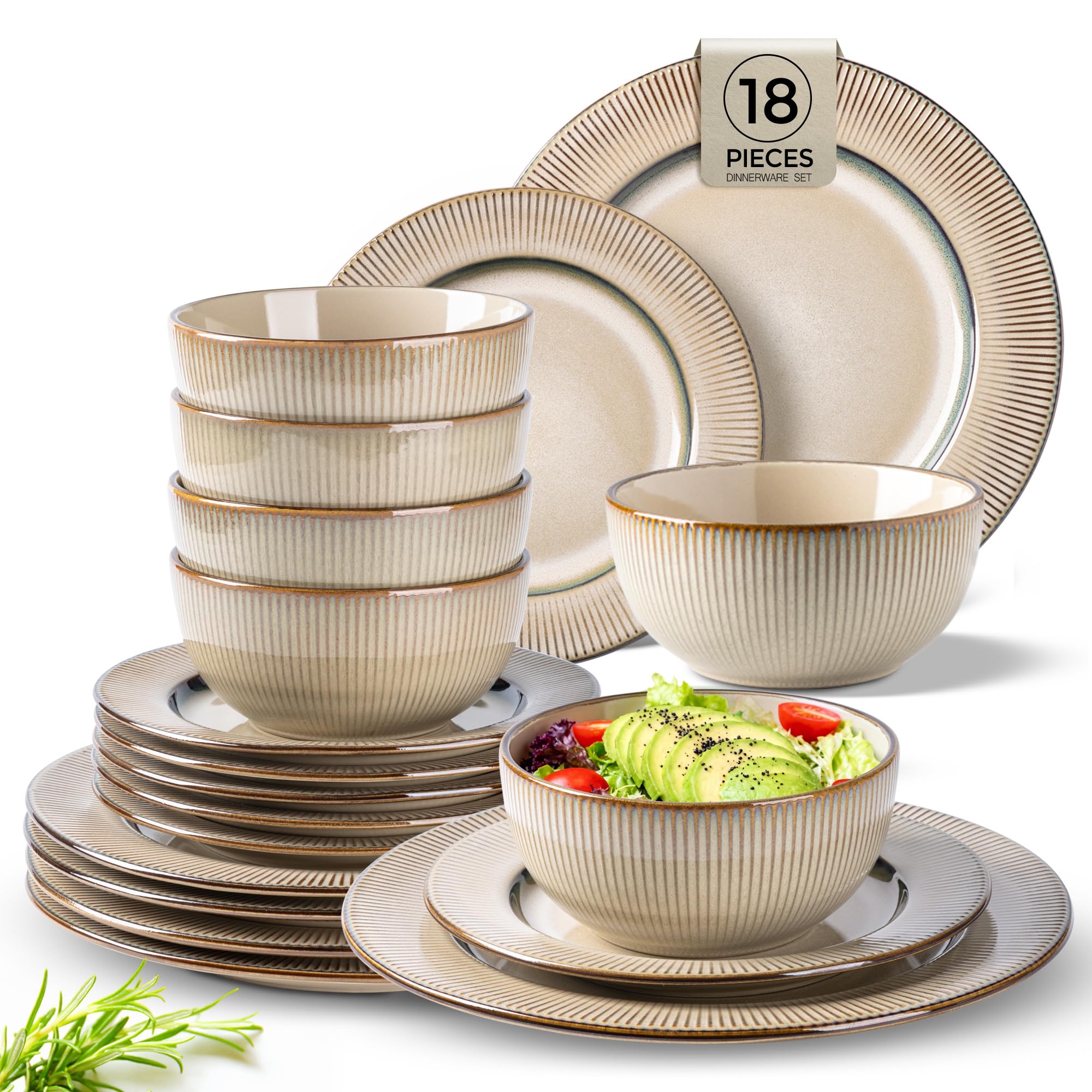 GBHOME Ceramic Dinnerware Sets of 6,18 pcs Plates and Bowls Sets Dishes