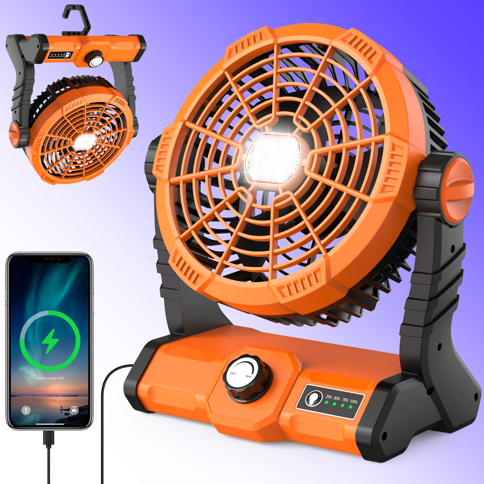 Camping Fan Rechargeable Portable Fans 20000mAh Battery Operated Desk Fans for Tent Outdoor Travel Cooling Cordless Misting Fans Summer Small Table Fans with LED Light, USB Ports, Hook