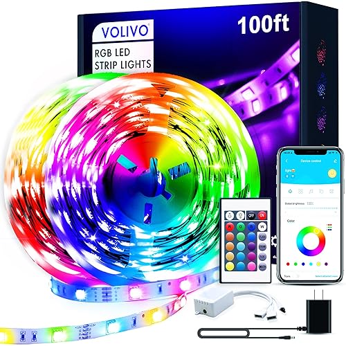 VOLIVO 100ft Led Strip Lights for Bedroom, Color Changing Led Light Strips Kit with 24 Keys IR Remote and Smart App Control, RGB Music Sync Lighting for Room, Home Decor
