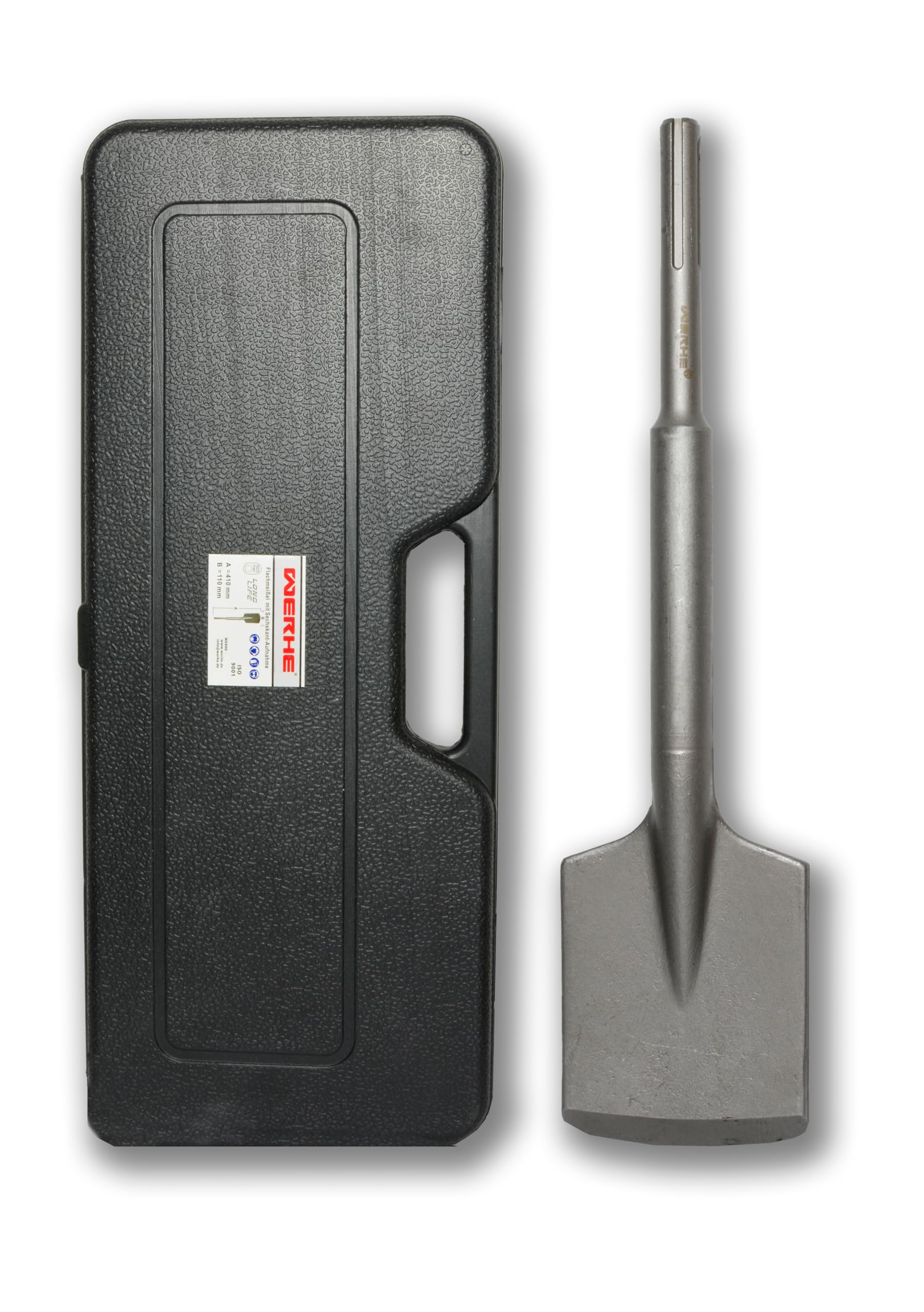 WERHE Burin pelle 110 mm de largeur x 410 mm de longueur avec emmanchement SDS-Max – pour ameublir et creuser dans les sols durs, terre, béton et asphalte – en acier allié