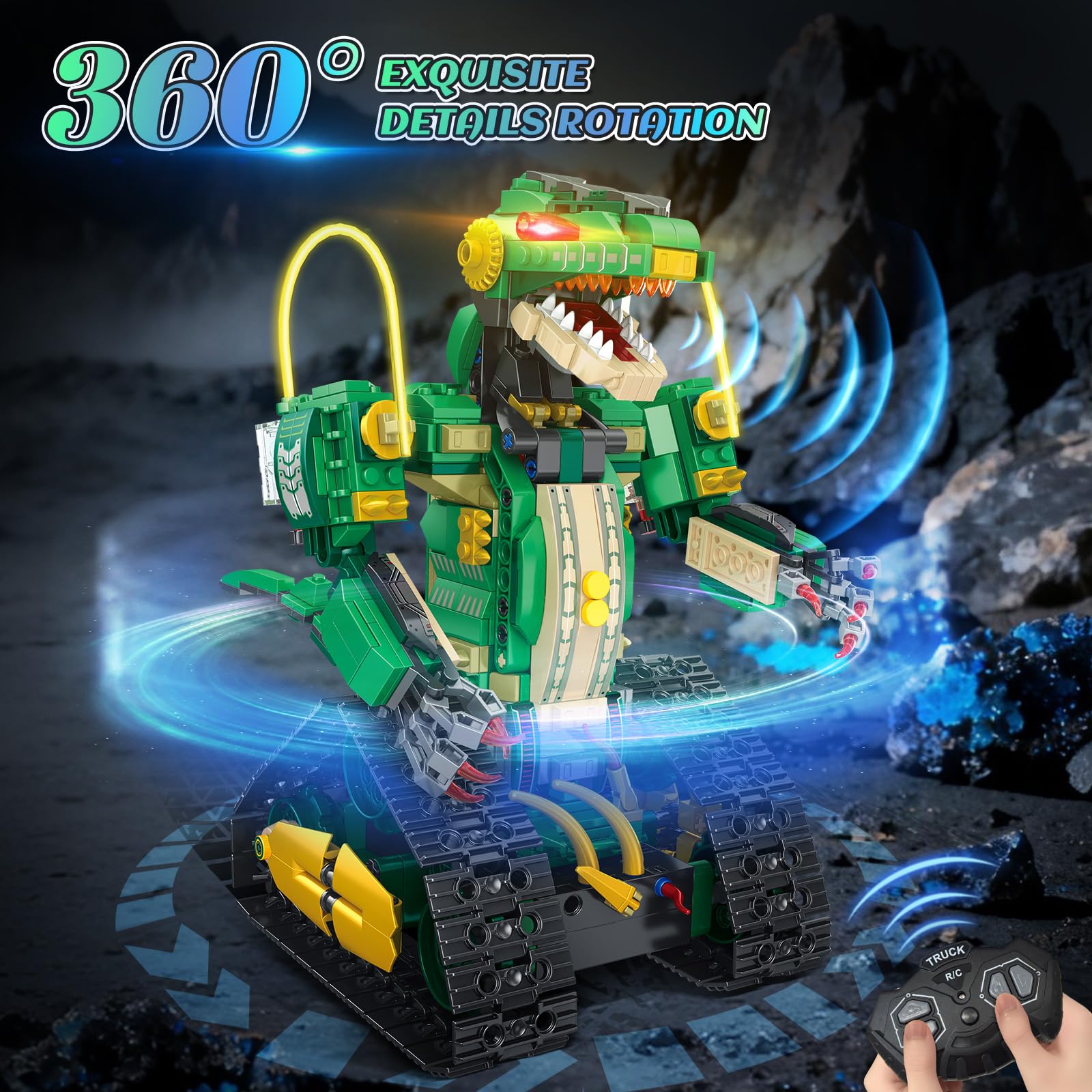 HiWEEGO Technik Roboter für Kinder mit Licht - 5 in 1 Dinosaurier Fernbedienung Bausatz, 877 Teile RC Robot Wiederaufladbar Spielzeug Geschenk für Jungen und Mädchen 8–12 Jahren