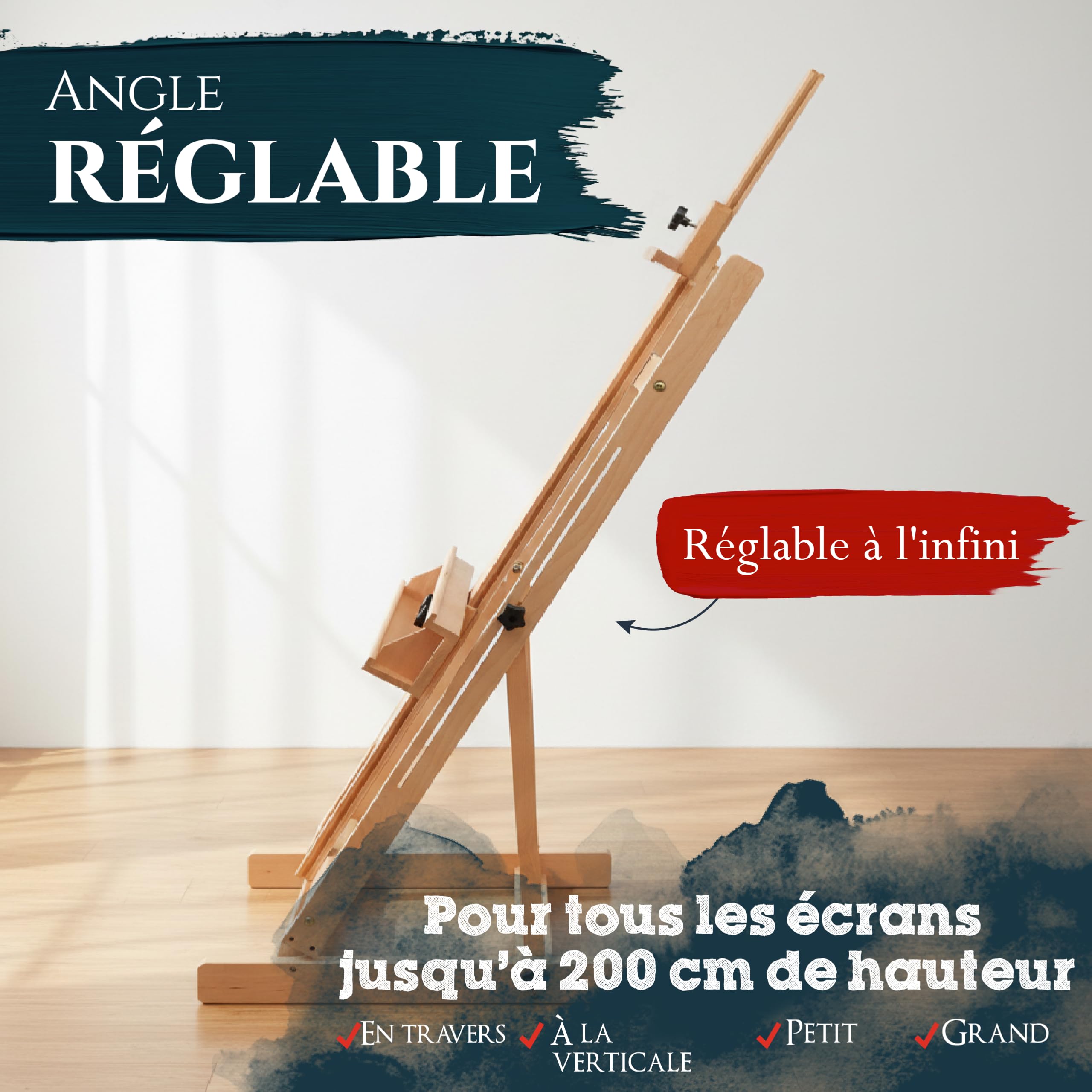 Artina grand chevalet de peinture en bois de hêtre massif pour châssis