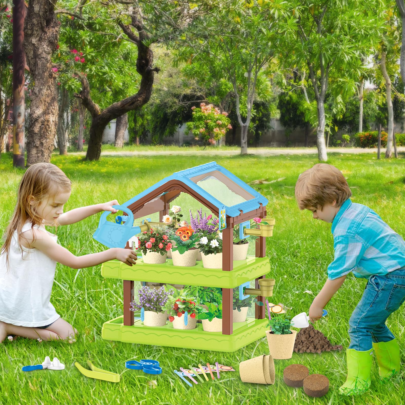 Mostop Kids Gardening Kit Greenhouse Growing Terrarium Kit, Kids Plant Growing kit, Kids Gardening Set with Garden Tools, Watering Can, Educational Creative Thinking Toddler Gardening Set for Kids - Image 6