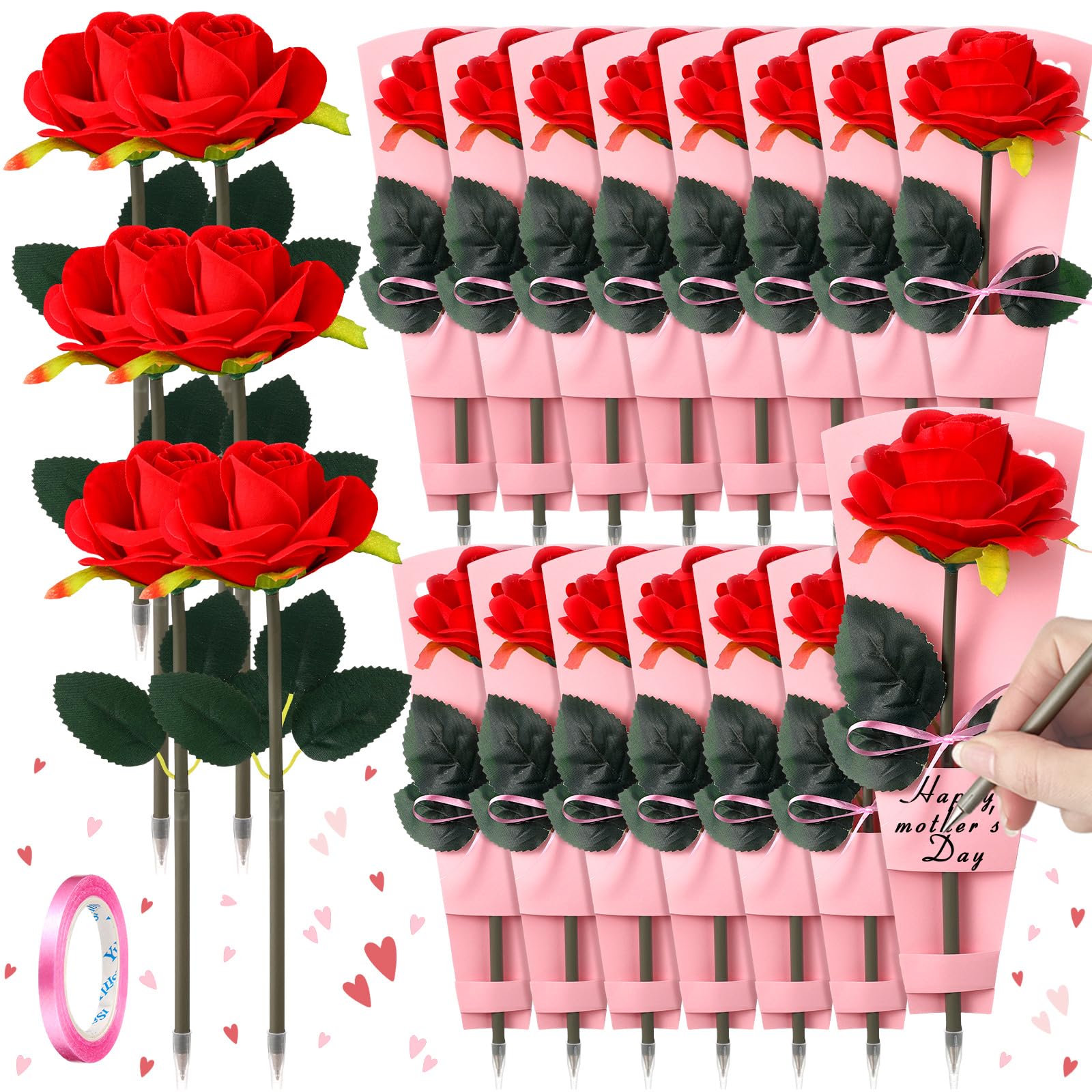 Feifeiya Lot de 30 stylos à bille en forme de rose rouge avec cartes de remerciement, fête des mères, Saint-Valentin, cadeau pour mariage, anniversaire, fête, bureau, fournitures scolaires