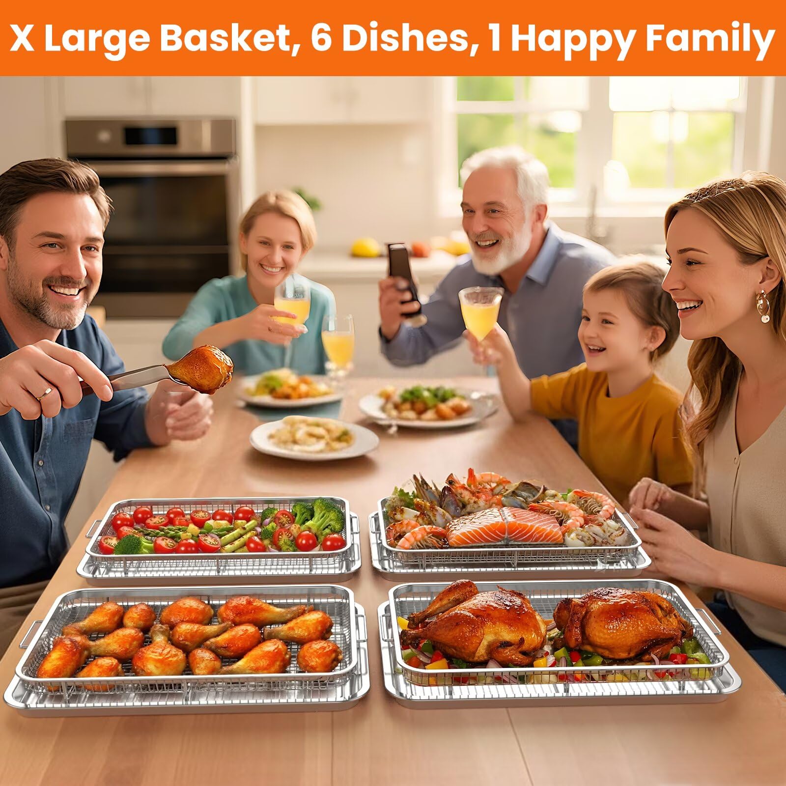 Extra Large Air Fryer Basket for Oven, 18.7"x12.8" Stainless Steel Baking Pan & Crisper Tray, Fits Whole Chicken, Commercial-Grade Oven Air Fryer with 30 Parchment Papers, Dishwasher Safe