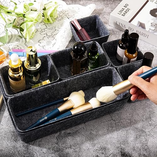 Miniatura 6 de Bandeja organizadora de cajones de fieltro de 8 piezas, caja de almacenamiento de joyas de escritorio poco profunda, divisores de cajones de ahorro