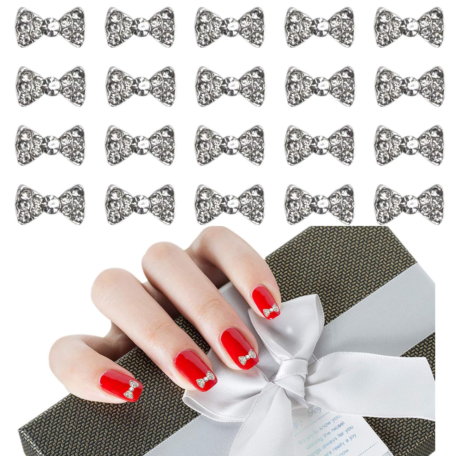AUEAR, 40 Pack Nail Bows Charms Rhinestones Charming 3D Nail Art Charms Bow Tie Crystal Pendant Decals DIY Decoration for Women Beauty Design Jewelry Craft, Silver