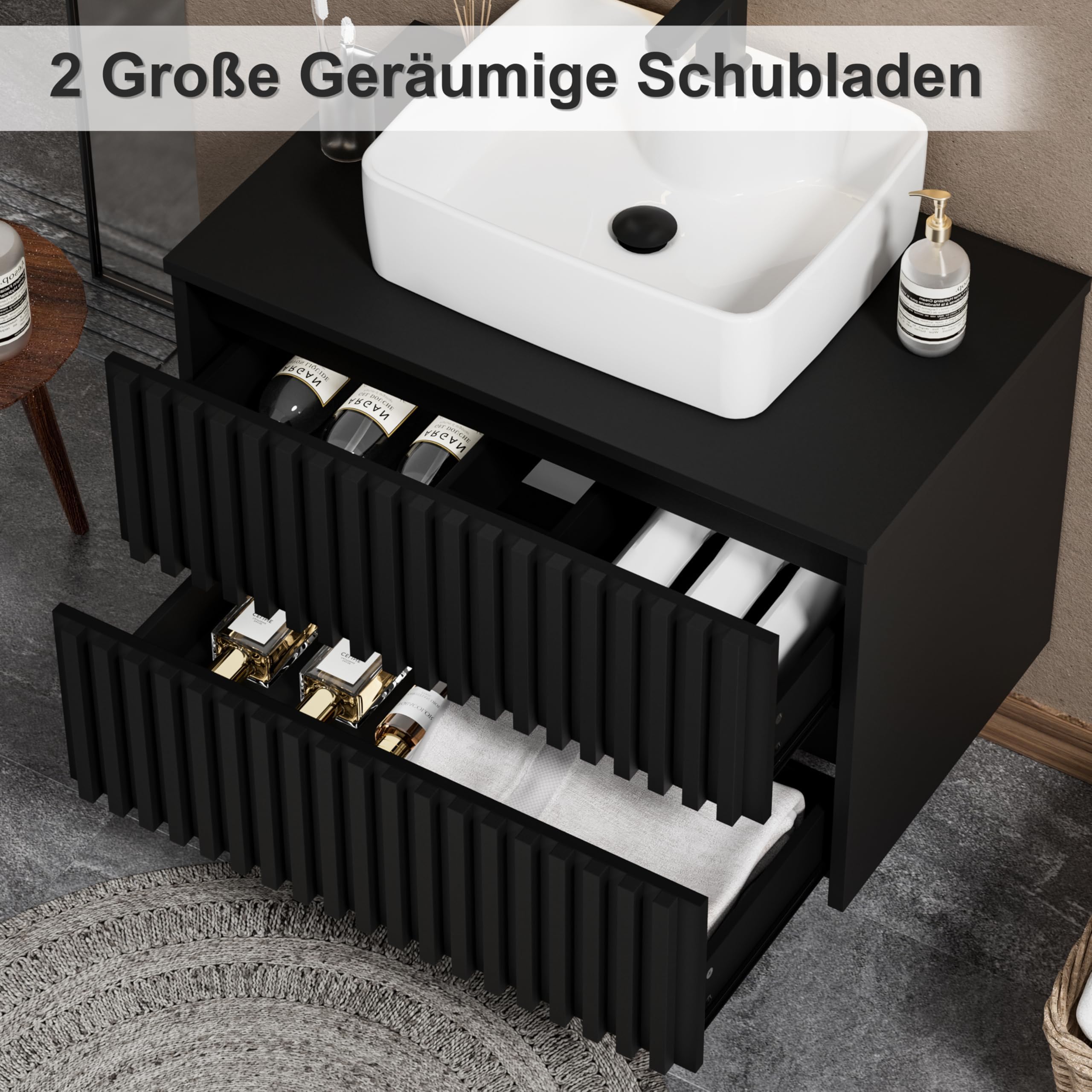 UEV Mueble de Baño 80CM con Lavabo de Cerámica, Mueble de Baño Suspendido Combina Elegancia y Funcionalidad, Lavabo con Mueble de Pared, Negro