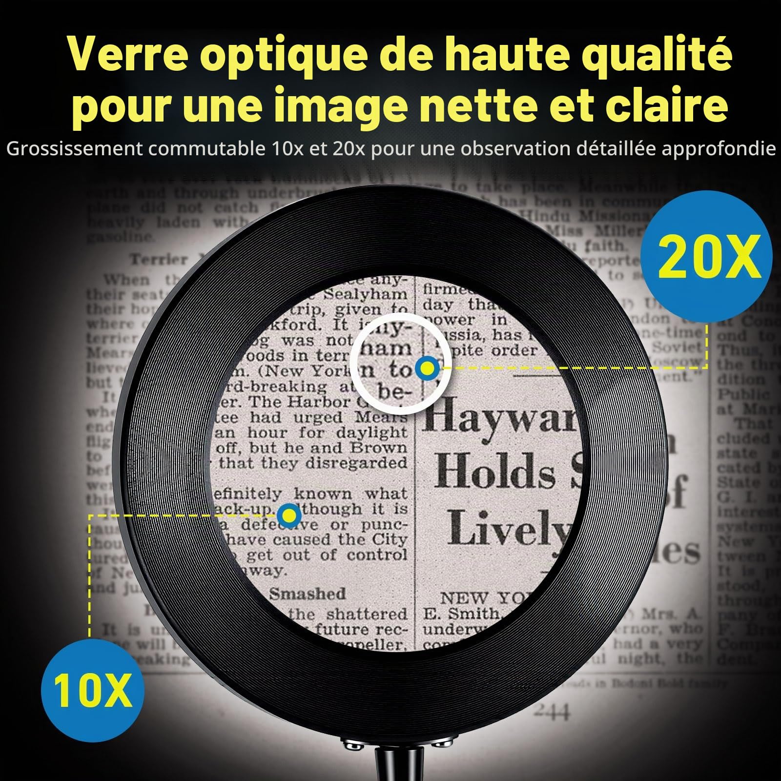 Loupe sur Pied 10x/20x avec Lumière et Support, 3-in-1 Grande Loupe Lecture pour Seniors, 5 Modes Couleur Gradable, & Pince & Socle, Lampe LED pour Lire, Coudre, Bricoler et Travaux Précision