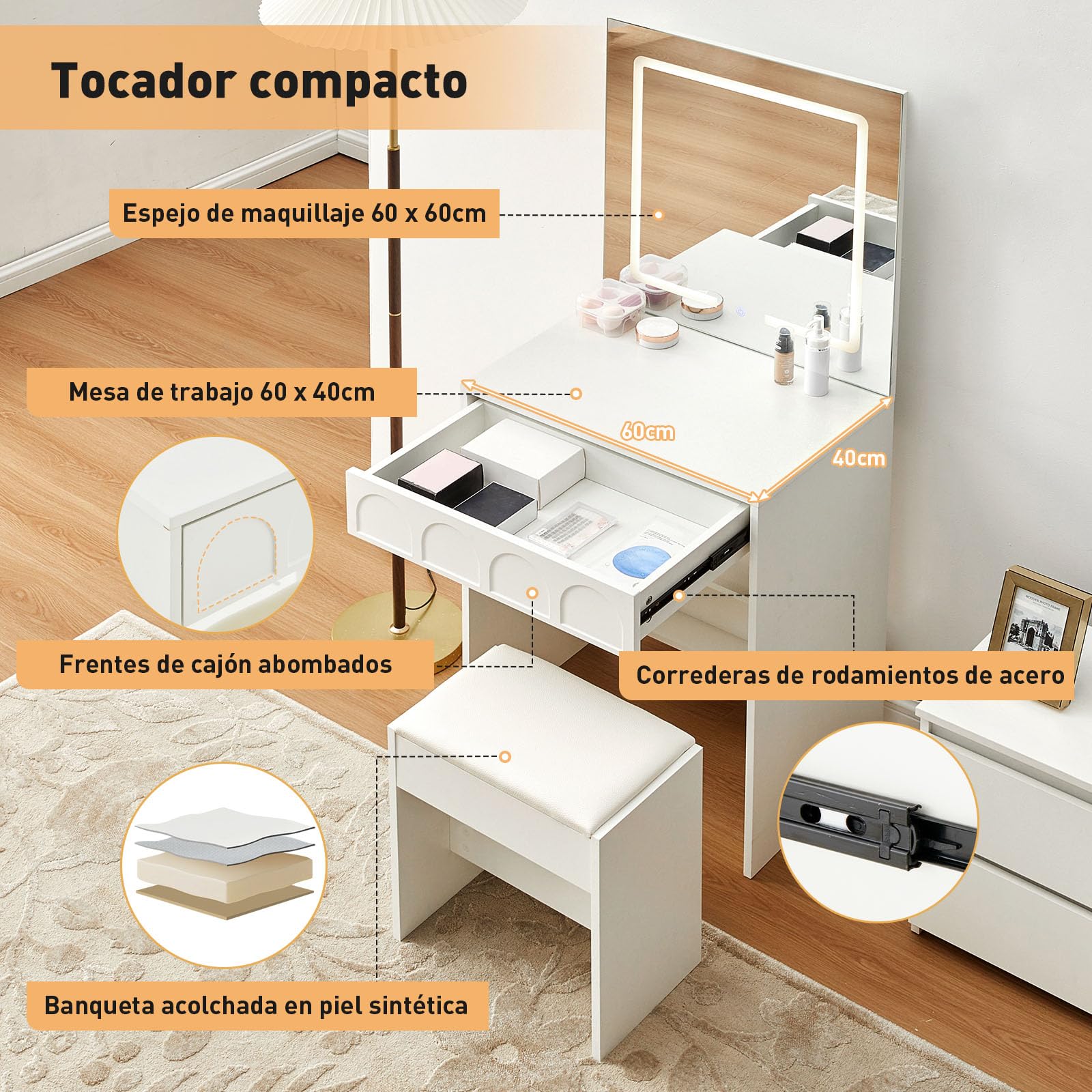 LEMROE Tocador Moderno con Espejo LED Táctil 3 Luces, Mesa de Maquillaje Compacto con Cajón y Taburete, para Espacios Pequeños, Blanco (Blanco)