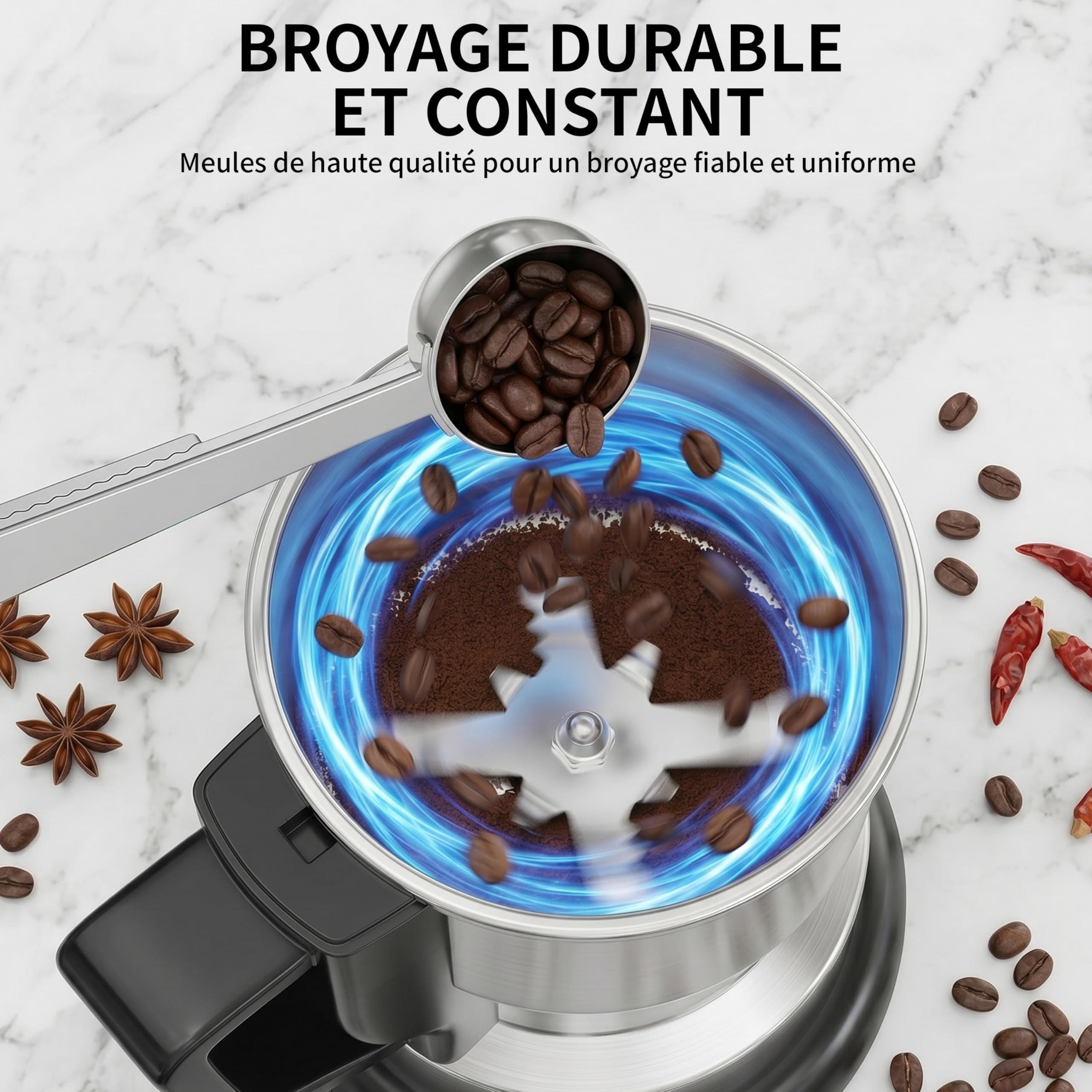 Moulin à café électrique multifonction 400W, Moulin a Graines avec Lames en Acier Inoxydable Coffee，broyage rapide et uniforme，Macinacaffè Pour café, épices et autres aliments (argenté-X60)