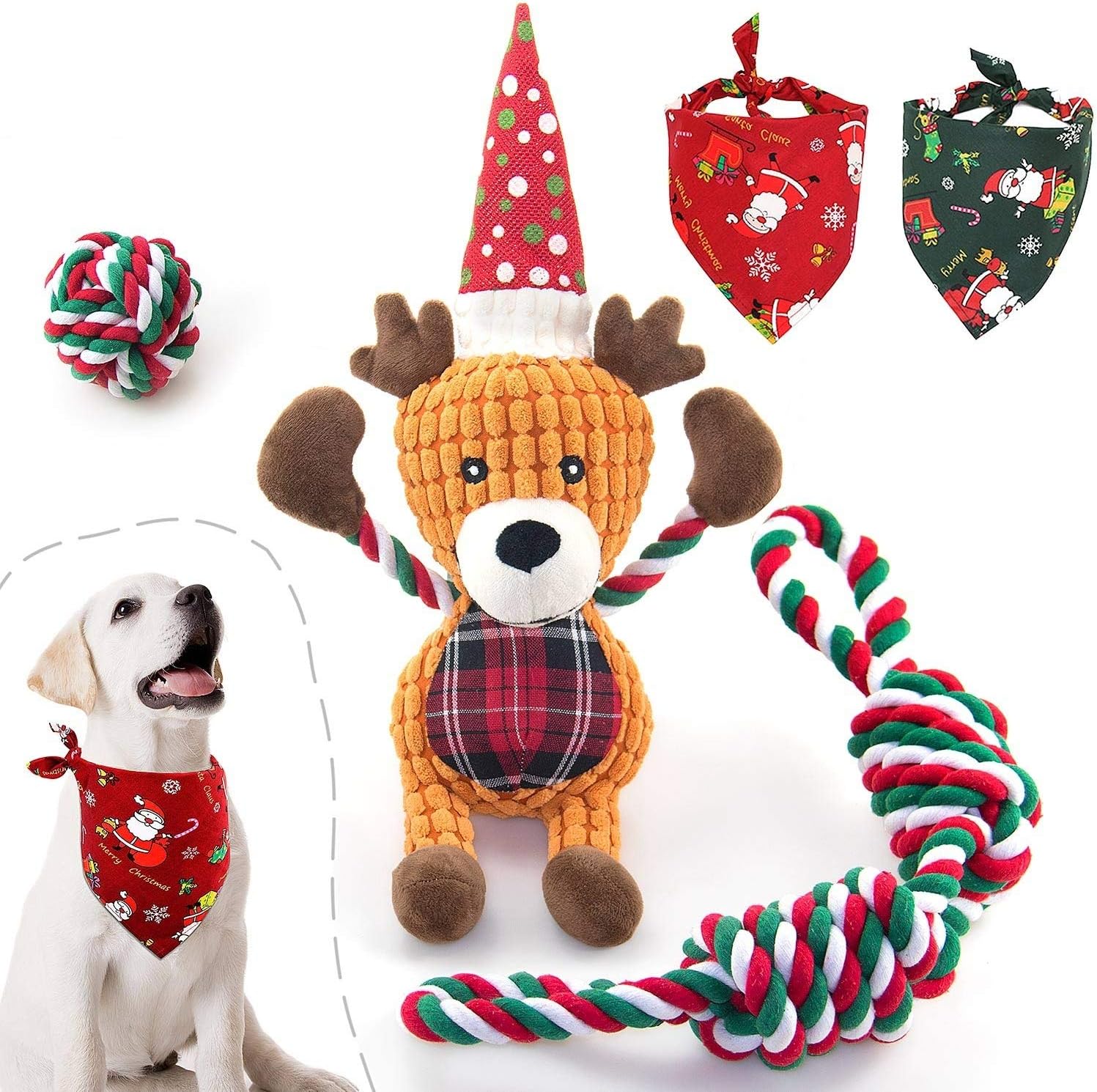 AWOOF 5 Pack Christmas Dog Toys Set Reindeer Dog Squeaky