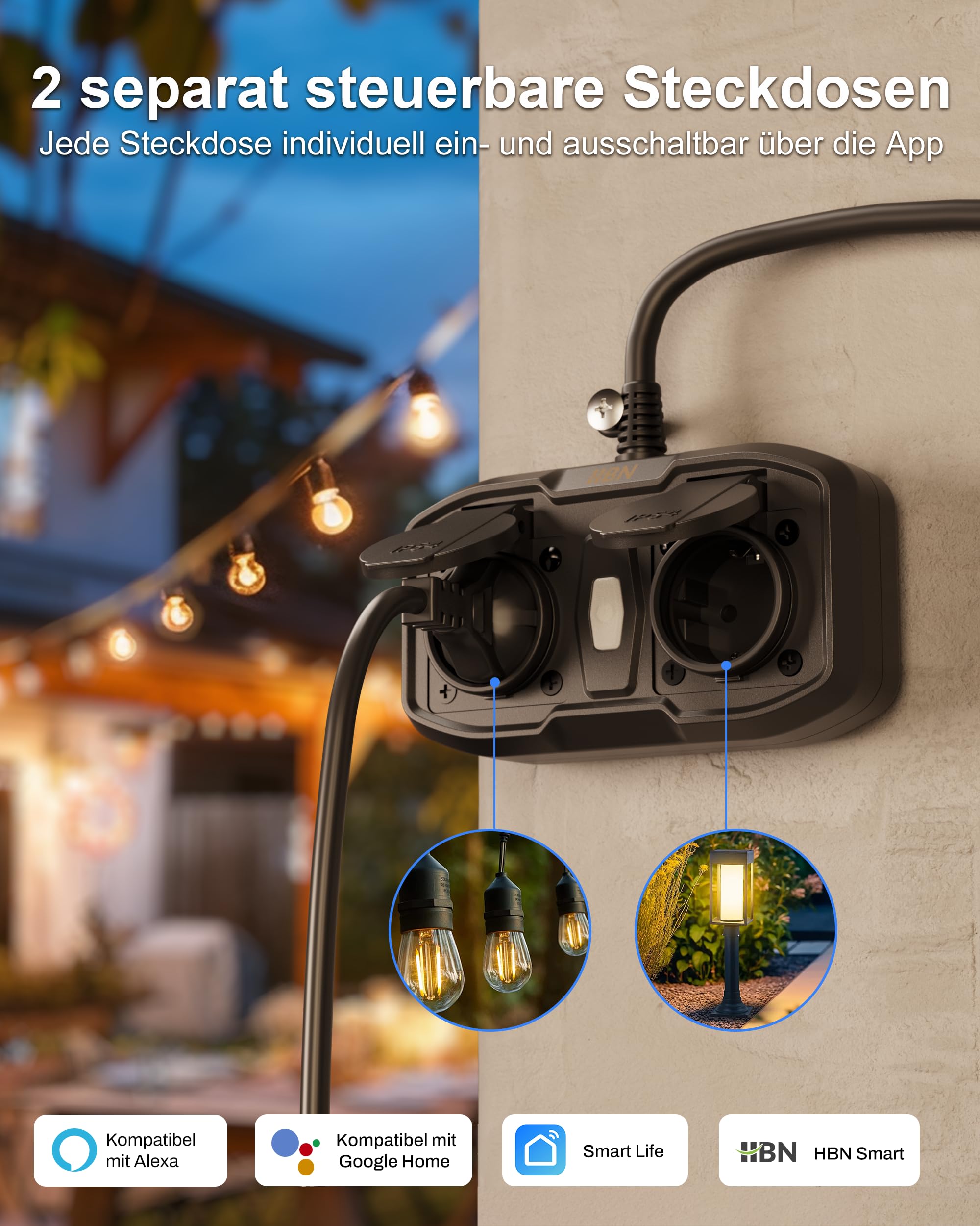 HBN Enchufe WiFi para exteriores con 2 salidas, 16 A 3600 W, enchufe inteligente para exteriores, IP54, resistente al agua, Wifi doble enchufe exterior, compatible con Alexa y Google Assistant, cable