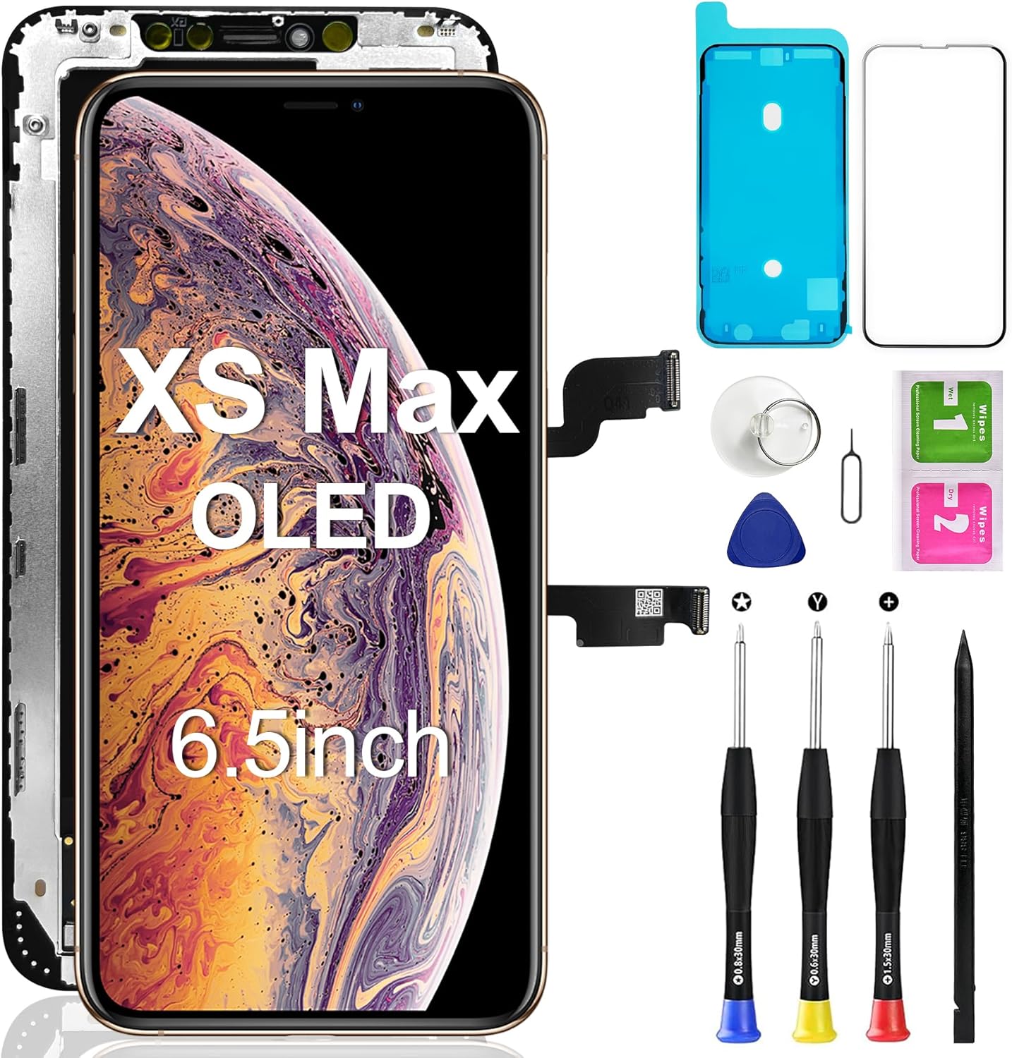 for iPhone Xs MAX OLED Screen Replacement [NOT LCD] 6.5 inch Display Digitizer 3D Touch Screen Full Assembly with Repair Kit Waterproof Adhesive Tempered Glass A1921/A2101/A2102/A2103/A2104