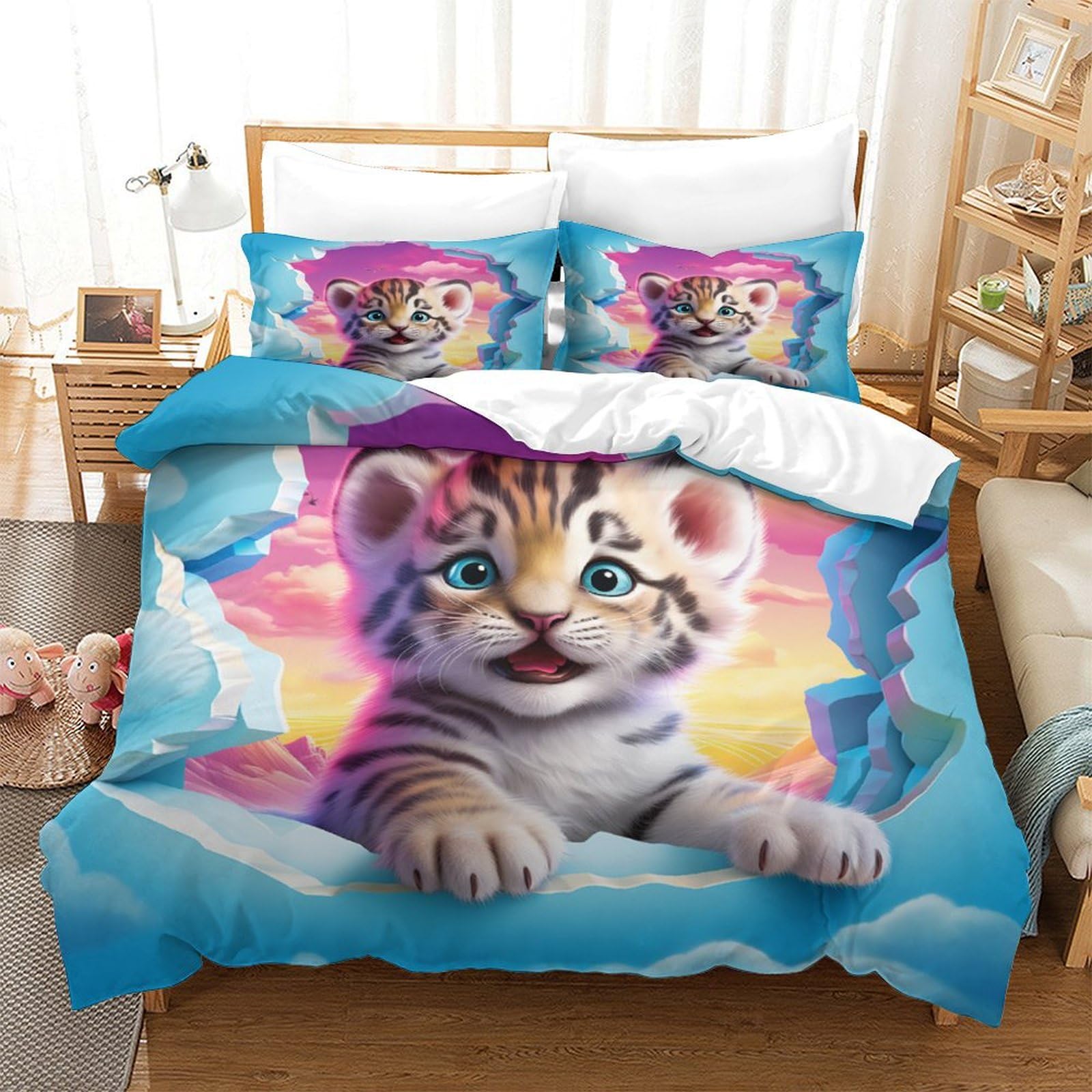 Housse de couette tigre parure de lit microfibre grand lit pour chambre d'enfant et ado