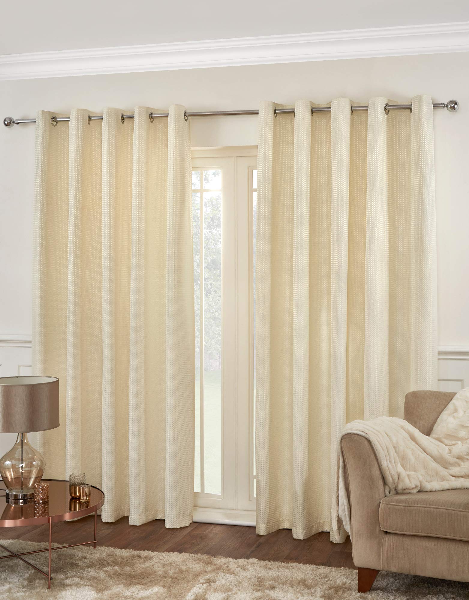 Ambiance Home Cream/Ivory 66" X 72" Waffle Eyelet Curtains, Lined Diamond Waffle Weave Effect, Natural
