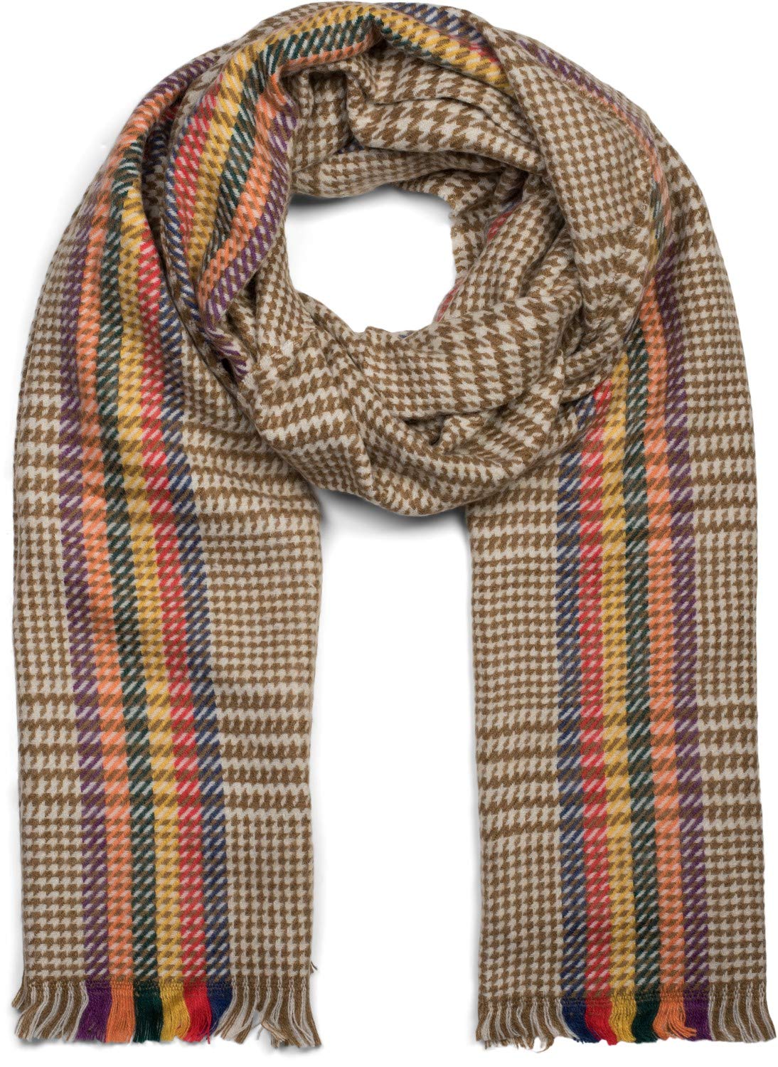 styleBREAKER women soft scarf with shepherd's check herringbone pattern, colourful stripes and wraparound fringing, winter, stole, shawl 01017121, color:Lightbrown-Beige