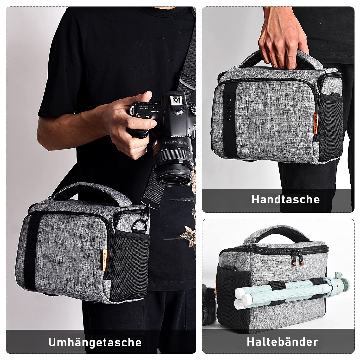 FOSOTO Sac à bandoulière résistant aux chocs pour appareil photo DSLR/SLR avec housse de pluie (noir) Compatible avec Nikon D3500 D5600 D610 D3200 D7500, Canon 2000D 60D 80D 90D 6D MarkII 77D