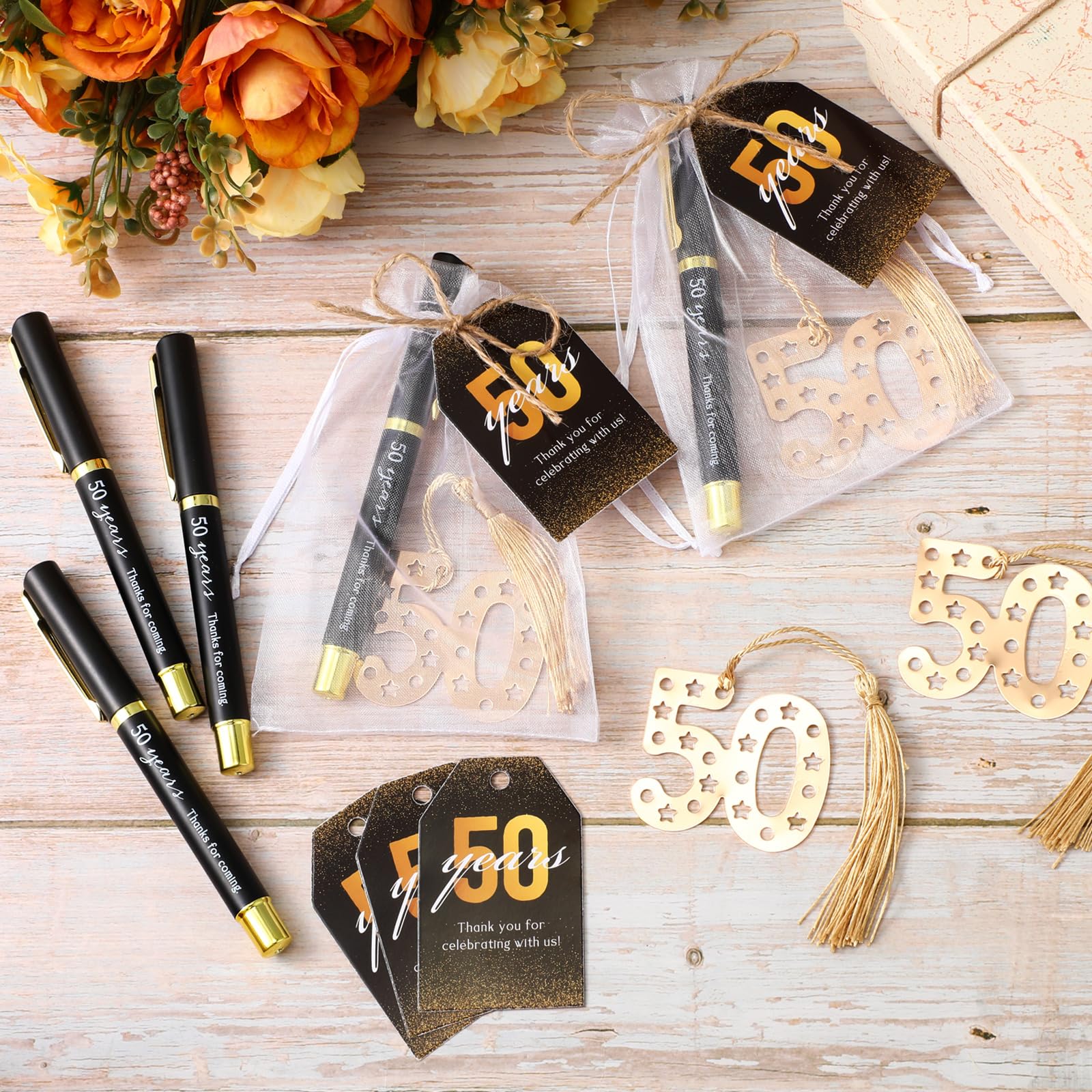 Spakon Goldenes Lesezeichen zum 50. und 60. Geburtstag, Souvenirs für Gäste, Jahrestag, Party, Geschenk, mit Etiketten, 50 Stück